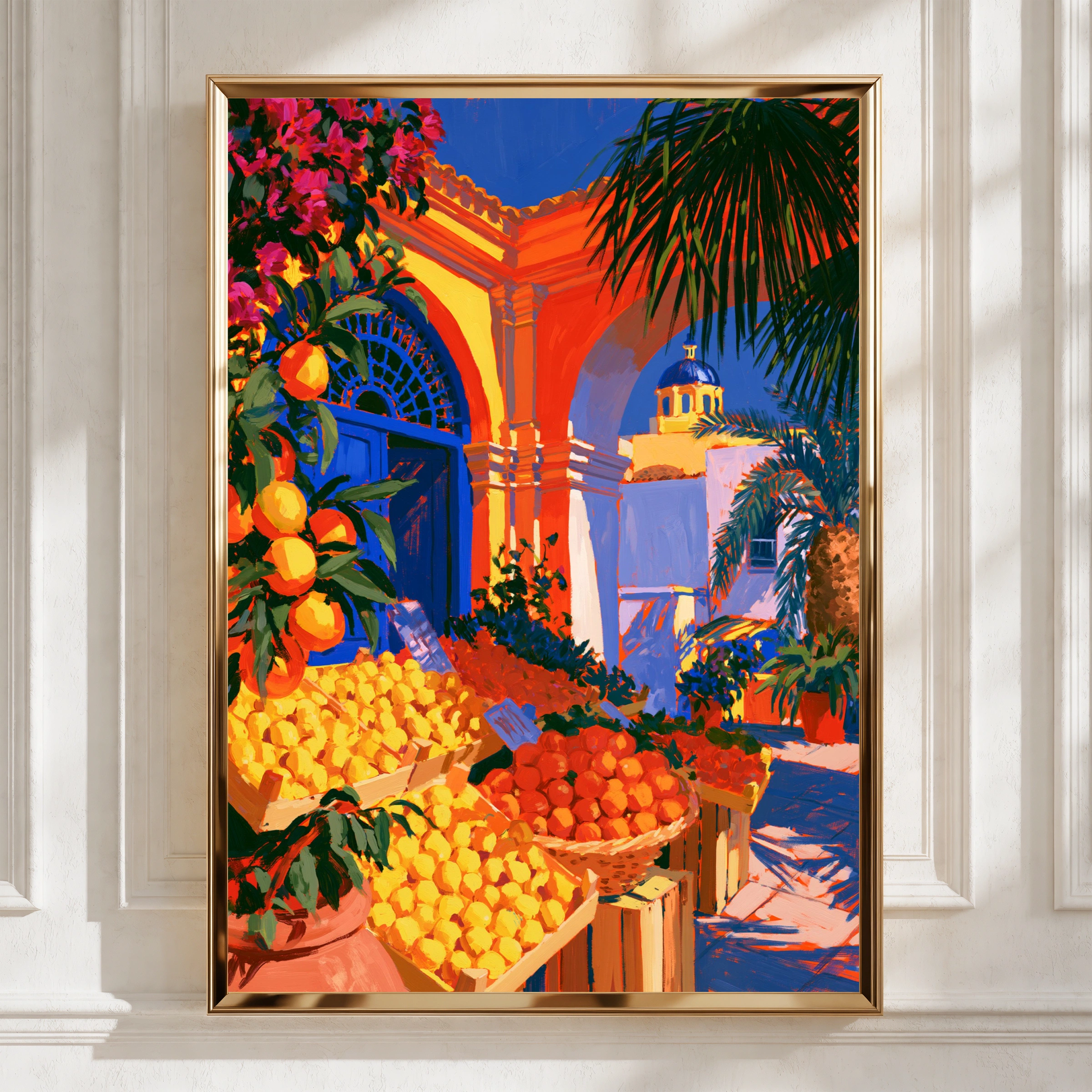 Mediterranean Market Lemons Oranges Poster, Colourful Fruit Stall Wall Art