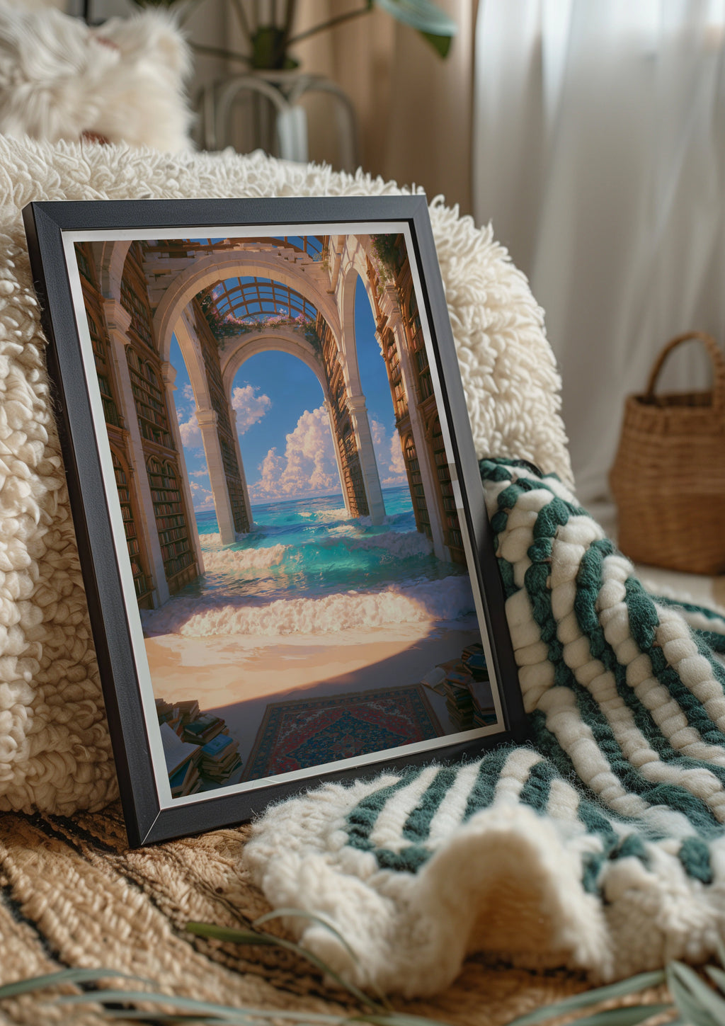 Library Ocean Fantasy Poster, Surreal Bookshelf Sea Arch Print, Dreamy Wall Art