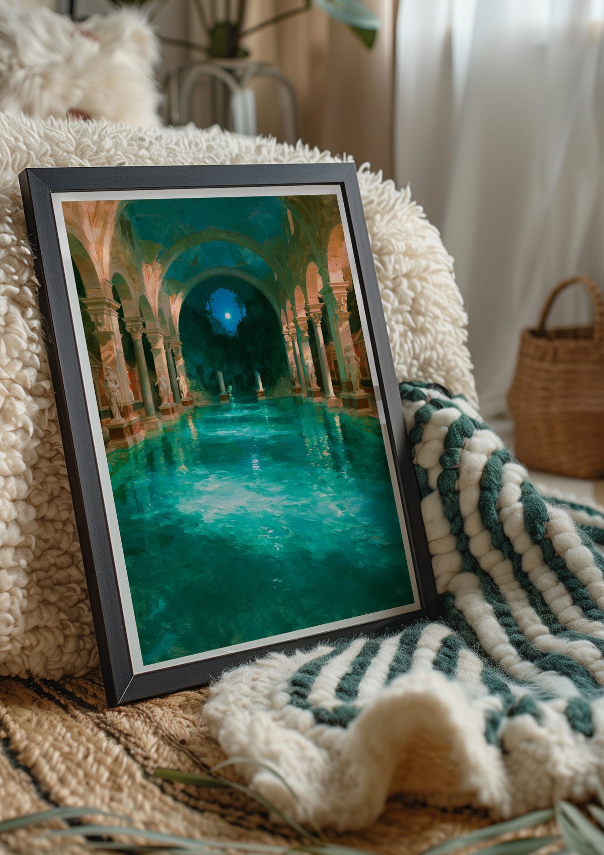 Roman Bathhouse Painting Poster, Ancient Architecture, Teal Moonlit Pool Art