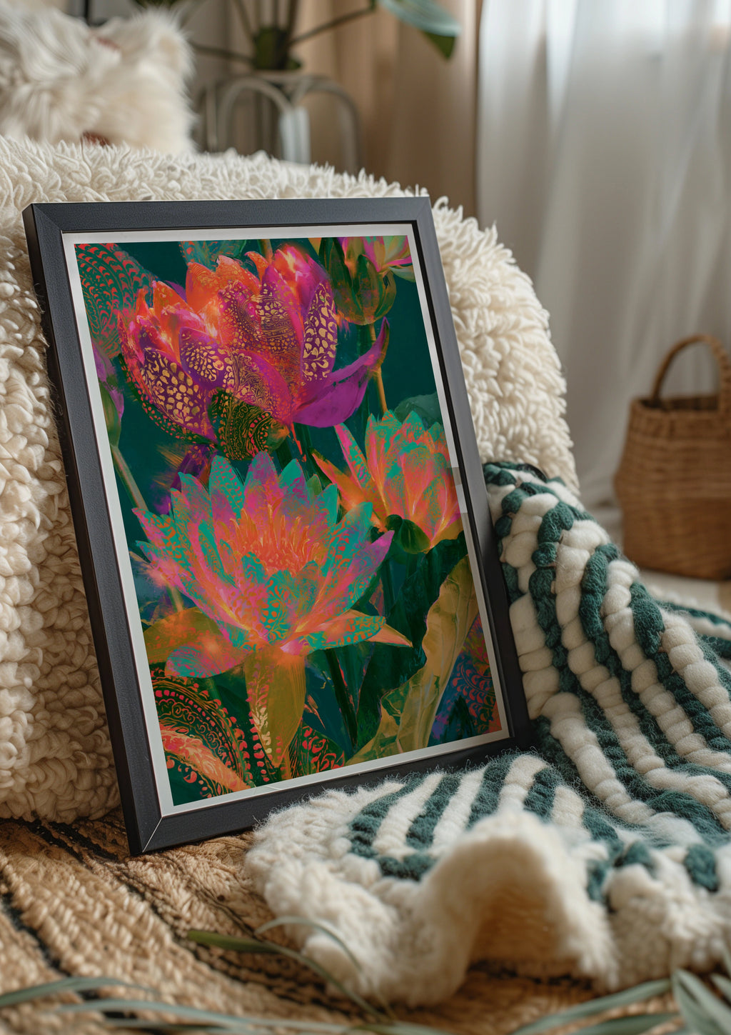 Abstract Glowing Lotus Flowers Poster, Vibrant Botanical Wall Art Print