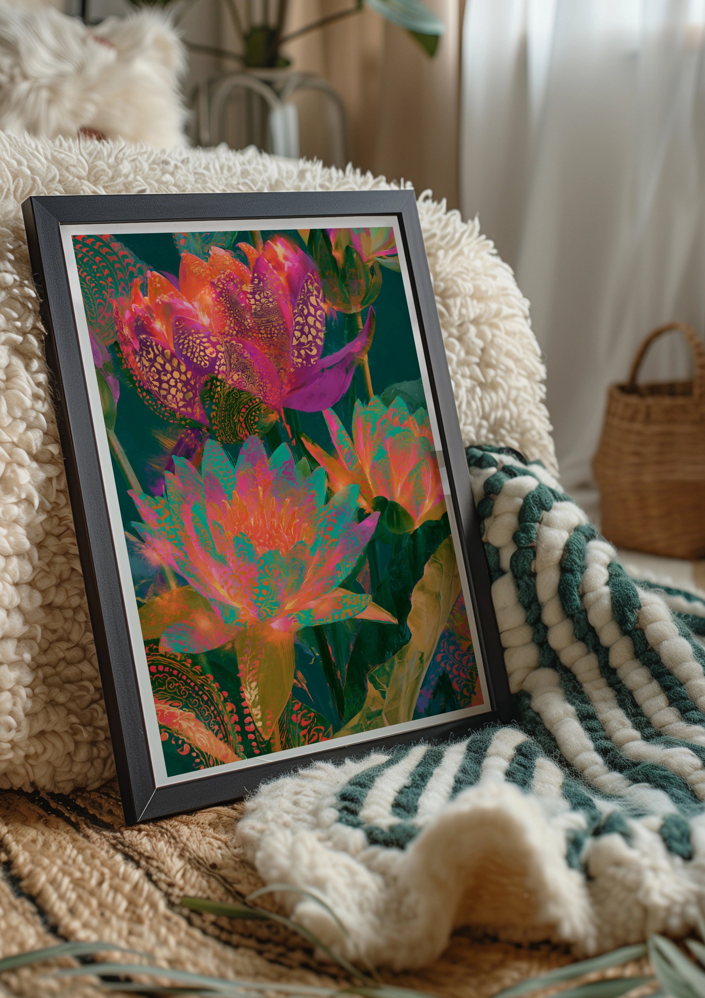 Abstract Glowing Lotus Flowers Poster, Vibrant Botanical Wall Art Print