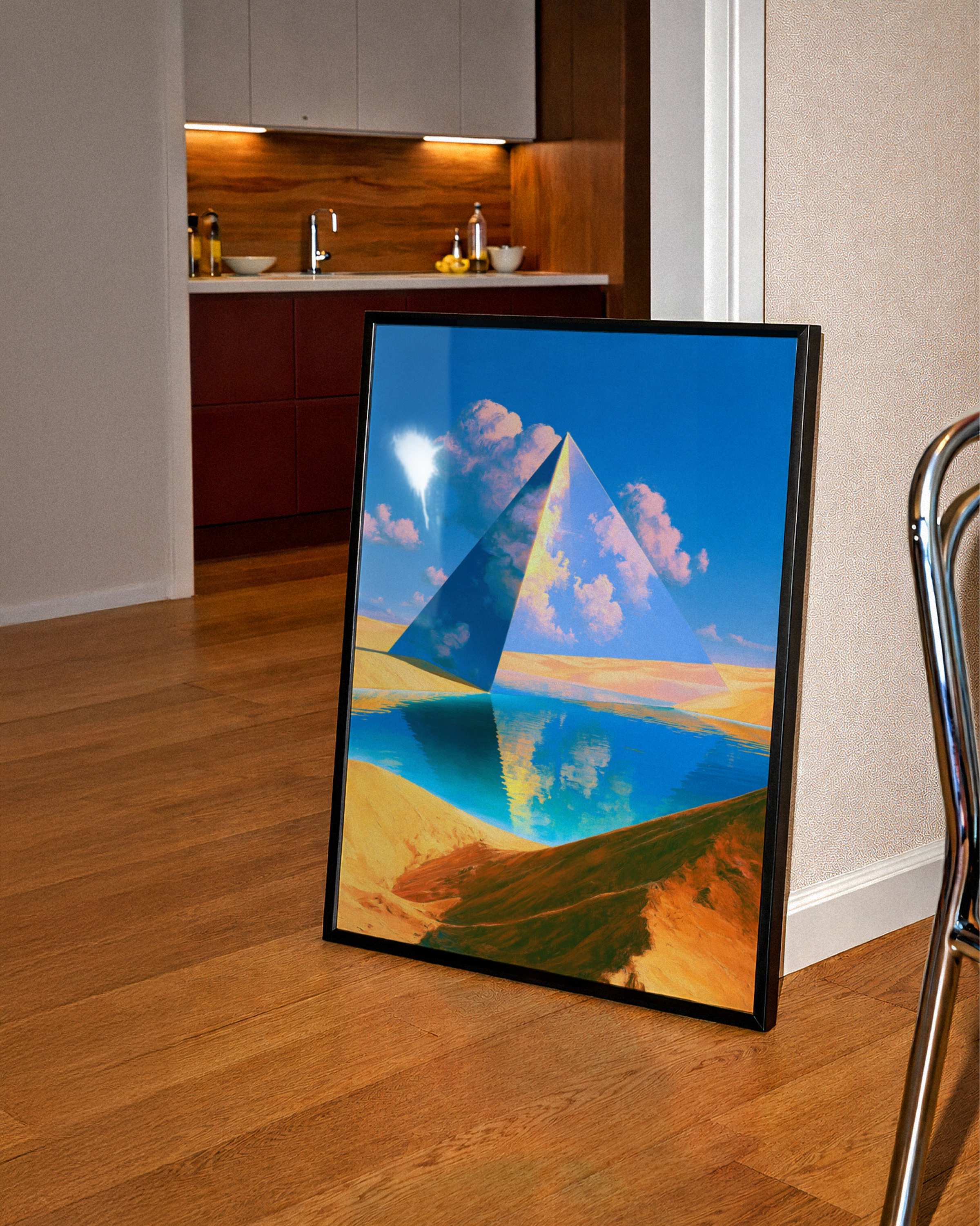 Glass Pyramid Desert Oasis Poster, Surreal Landscape, Vibrant Blue Wall Art