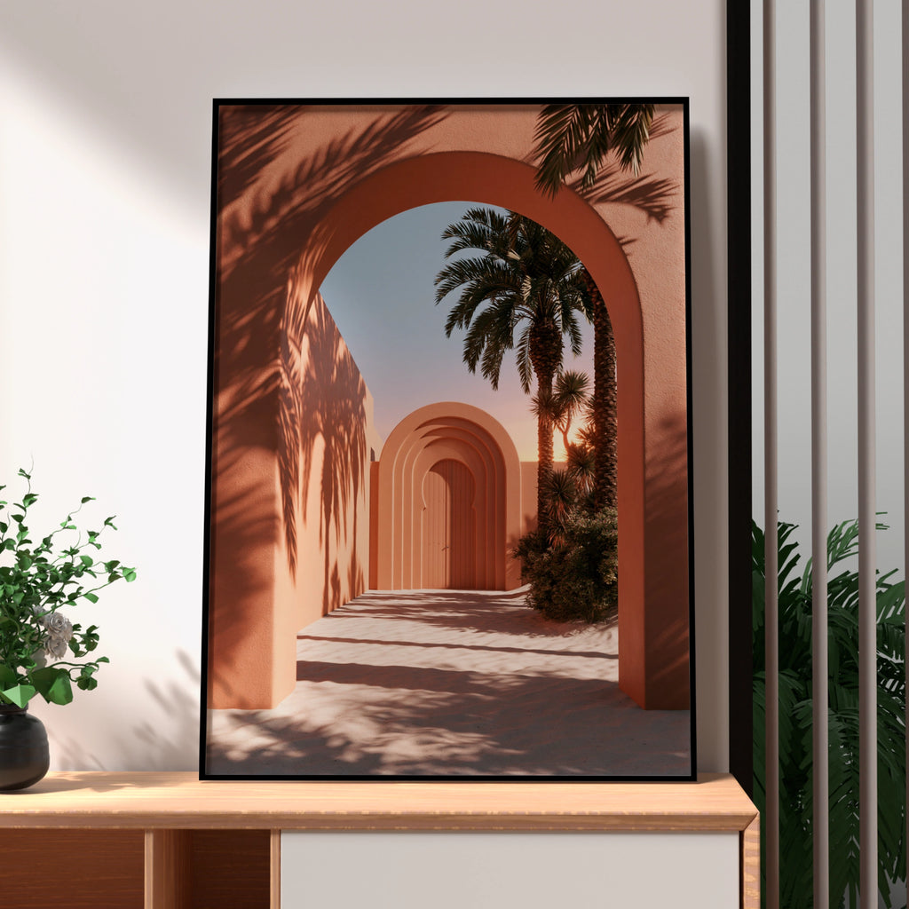 Terracotta Arch Wall Art Poster, Moroccan Architecture, Palm Tree Print