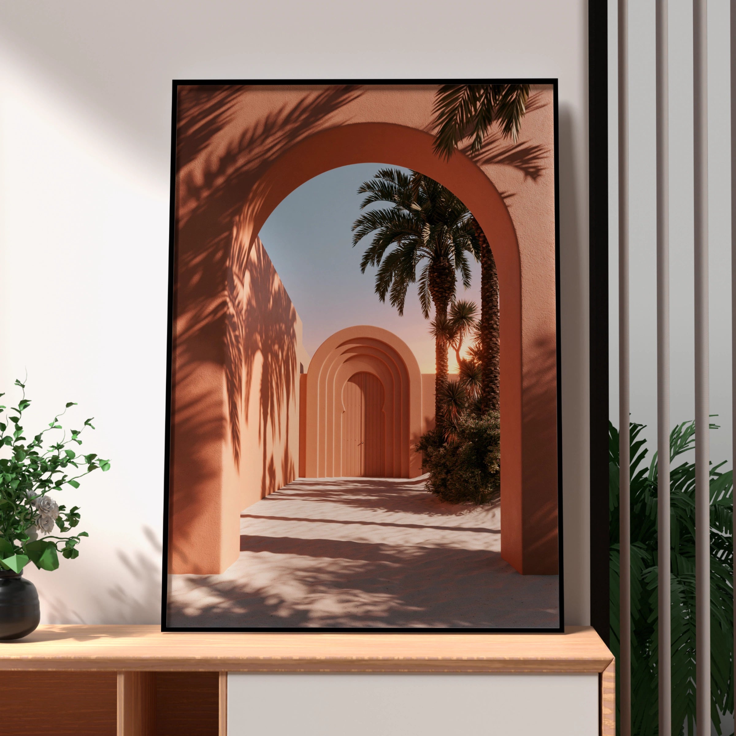 Terracotta Arch Wall Art Poster, Moroccan Architecture, Palm Tree Print