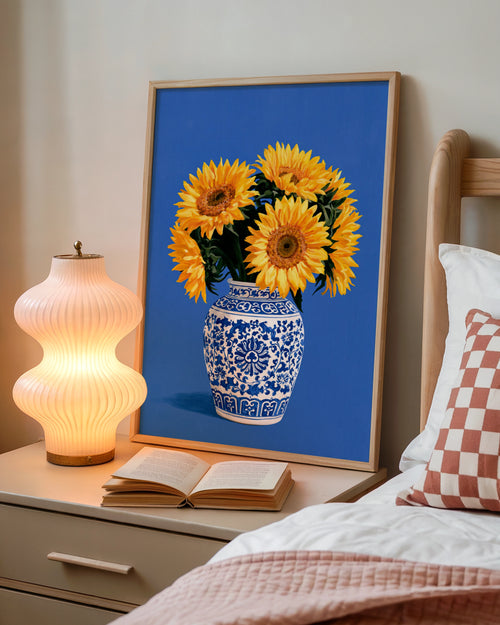 Sunflowers in Porcelain Vase Poster, Blue White Chinoiserie Floral Wall Art