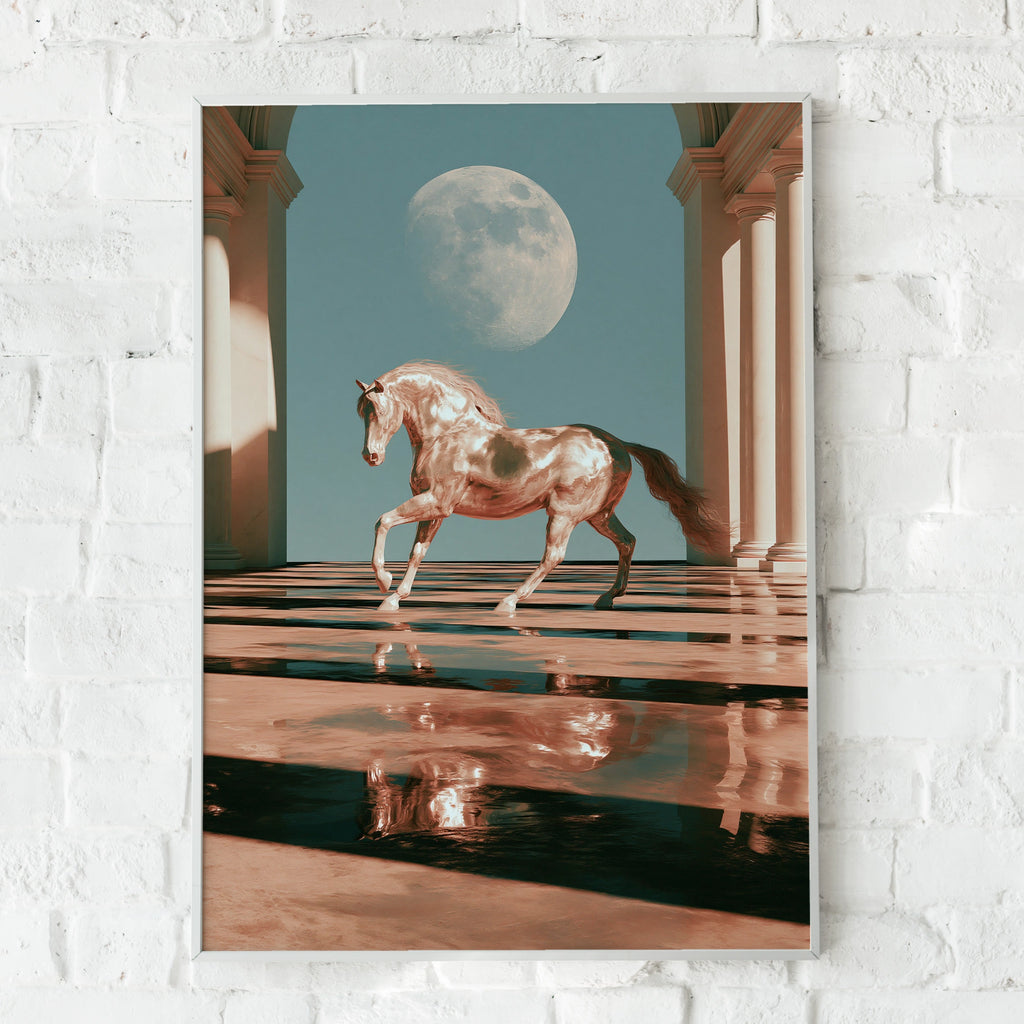 Horse Moon Hall Water Reflection Poster, Surreal Equine Art Print