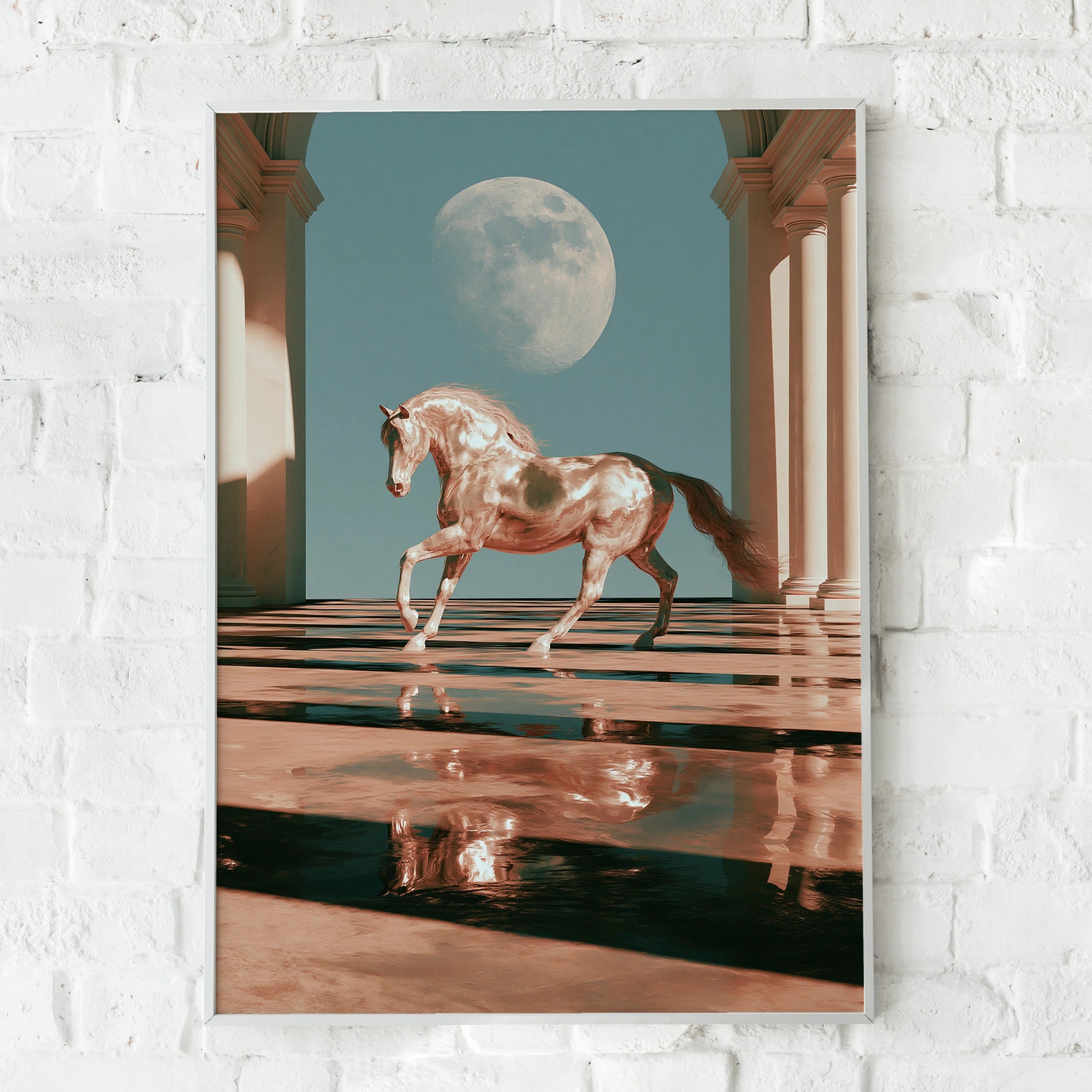 Horse Moon Hall Water Reflection Poster, Surreal Equine Art Print