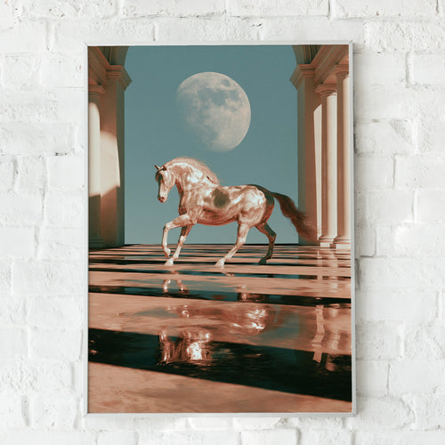 Horse Moon Hall Water Reflection Poster, Surreal Equine Art Print