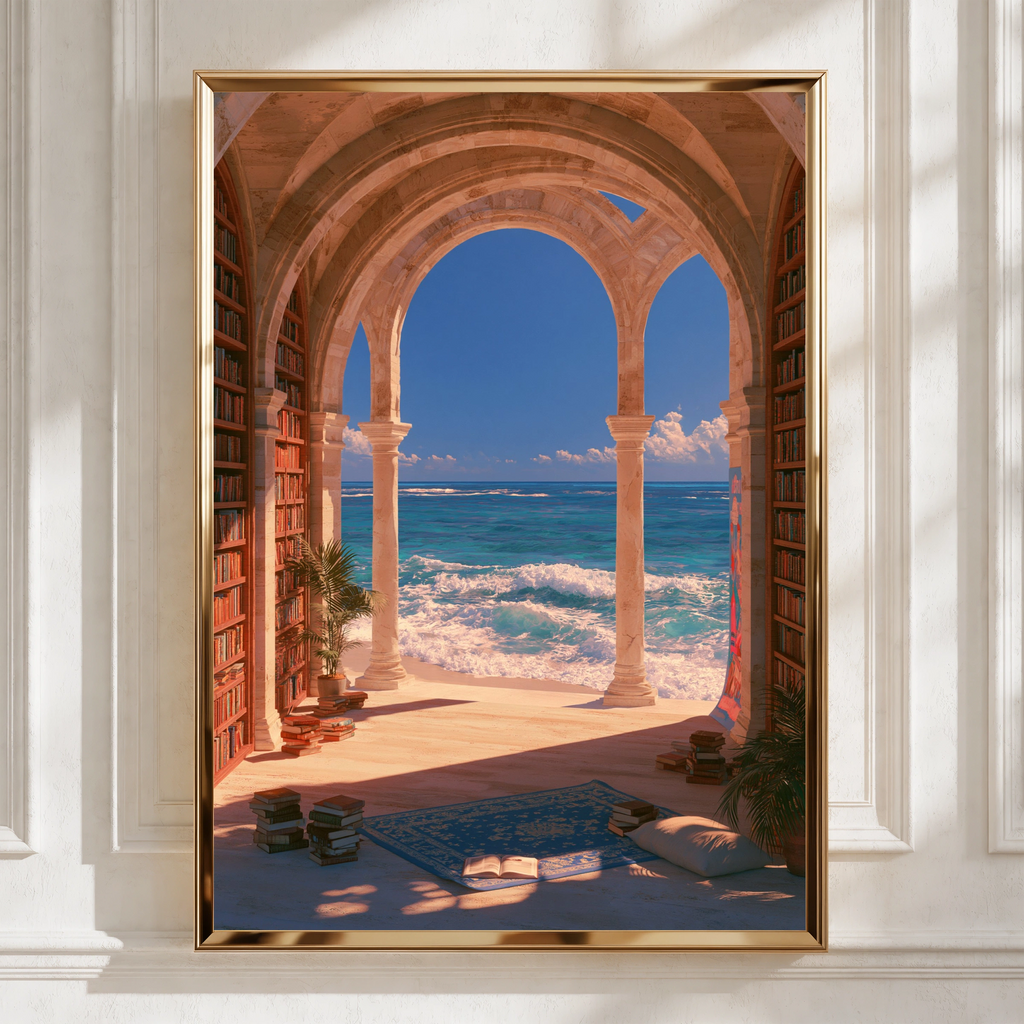 Library Sea View Poster, Stone Arches Bookshelf Ocean Wall Art Print