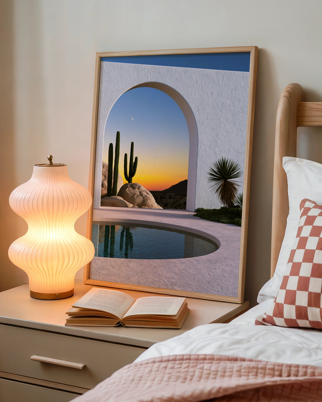 Desert Cactus Arch Pool Sunset Poster, Minimalist Architecture Wall Art Print