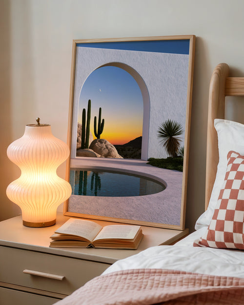 Desert Cactus Arch Pool Sunset Poster, Minimalist Architecture Wall Art Print