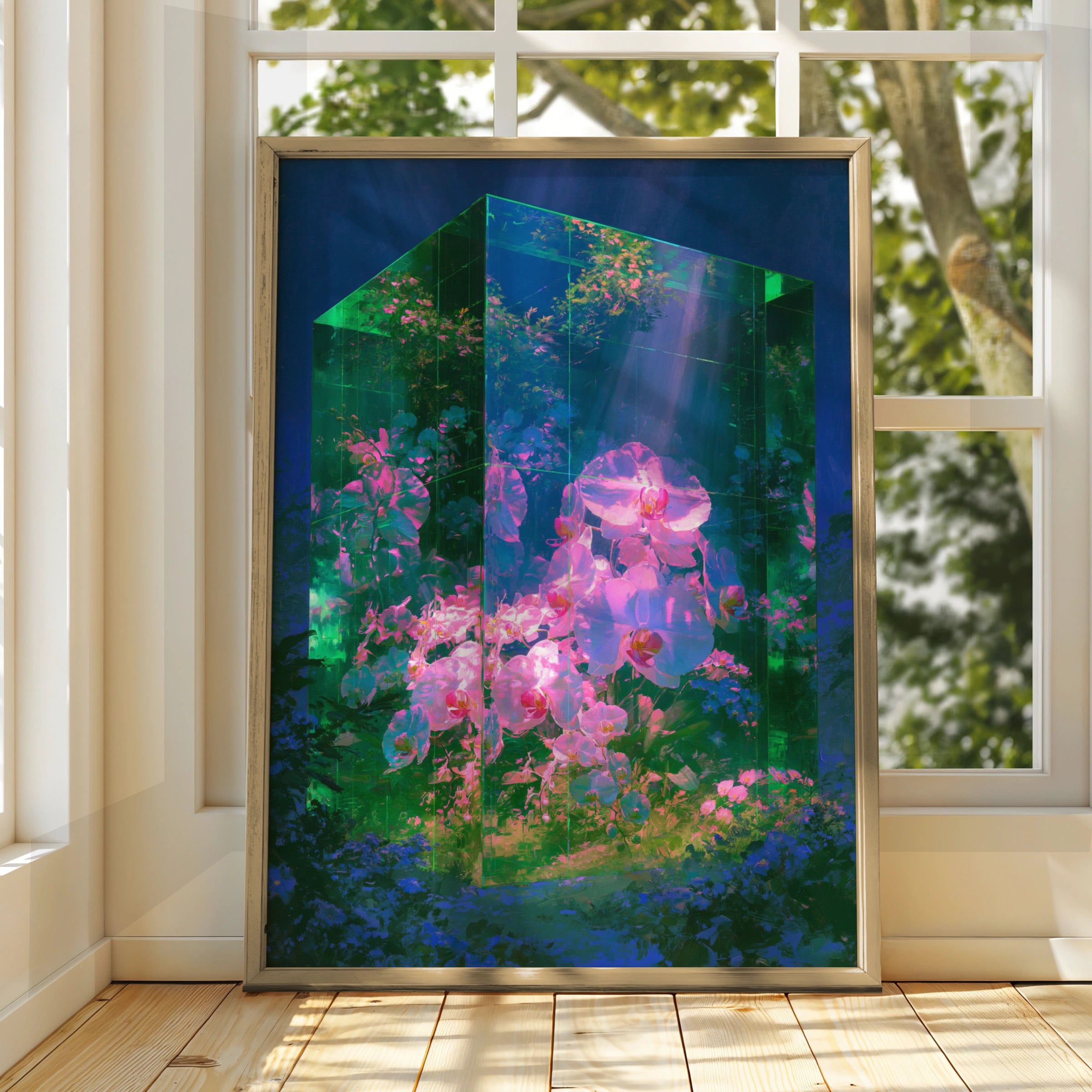 Emerald Glass Orchid Poster, Pink Flowers Fantasy Art Print, Botanical