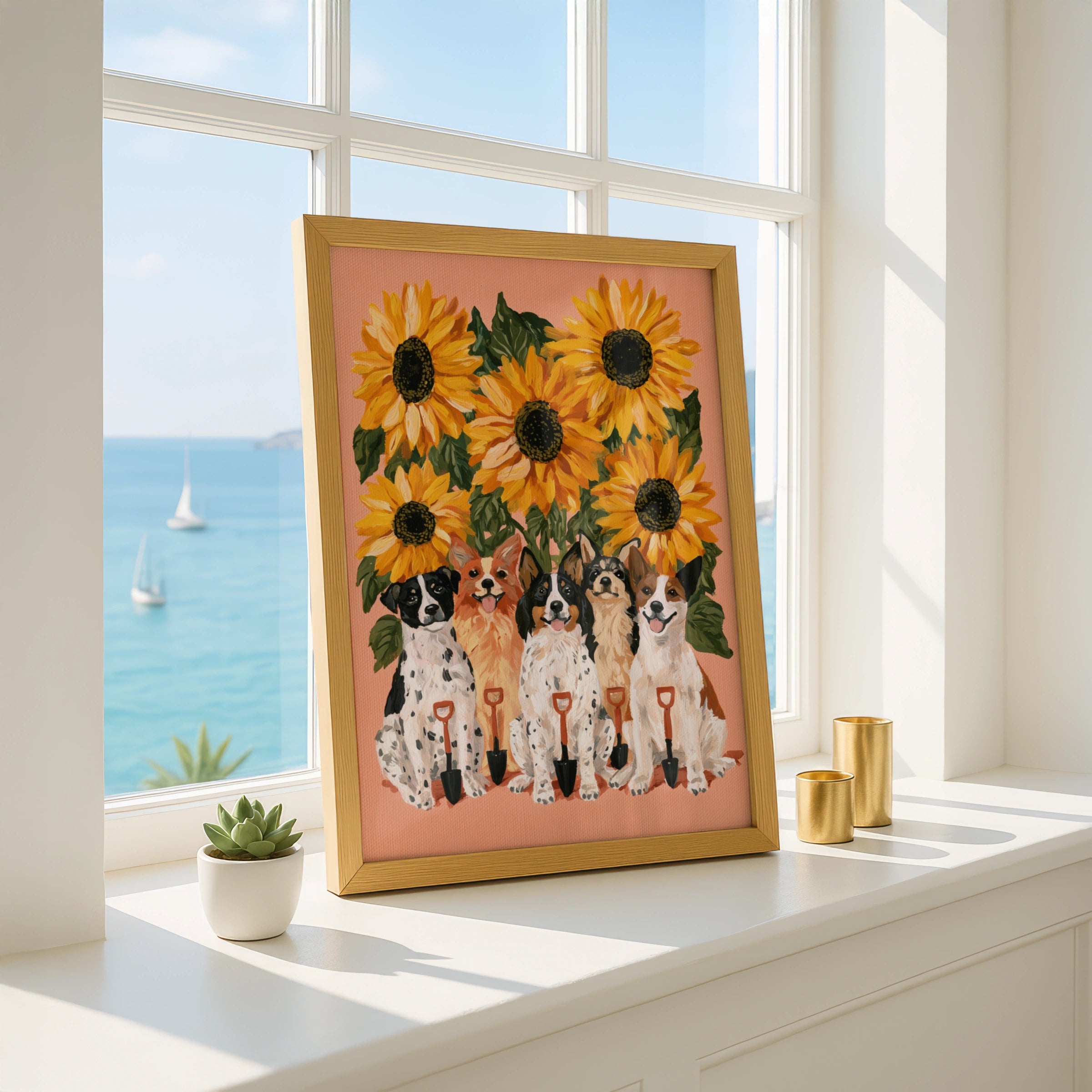 Dogs & Sunflowers Poster, Cute Dog Art Print, Floral Wall Art, Illustrated