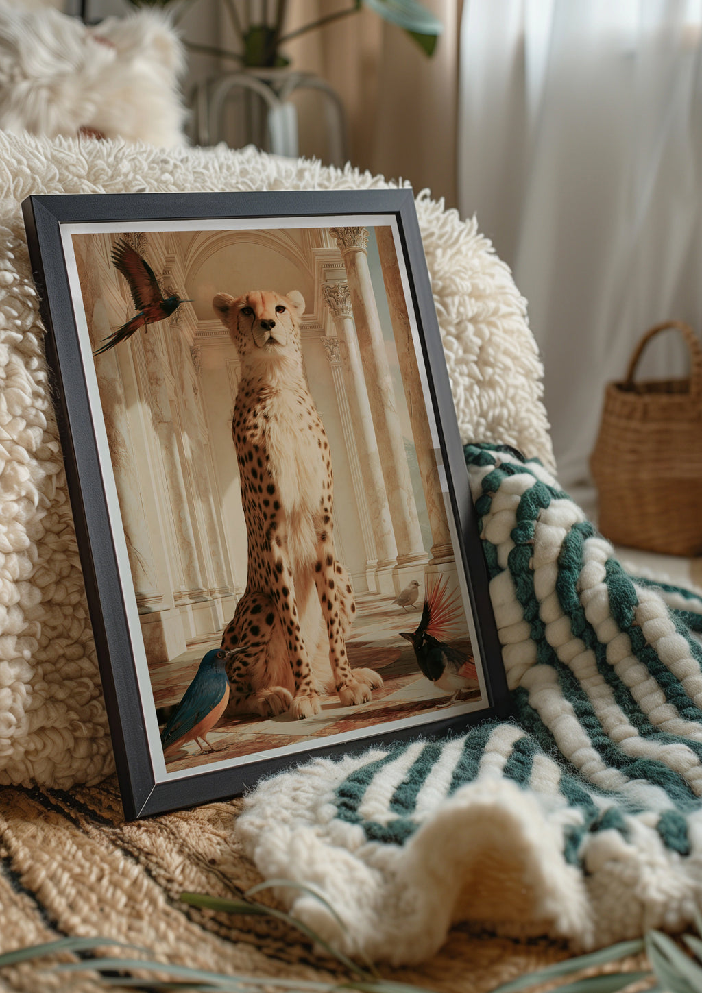 Cheetah & Birds in Marble Hall, Animal Wall Art Poster, Surreal