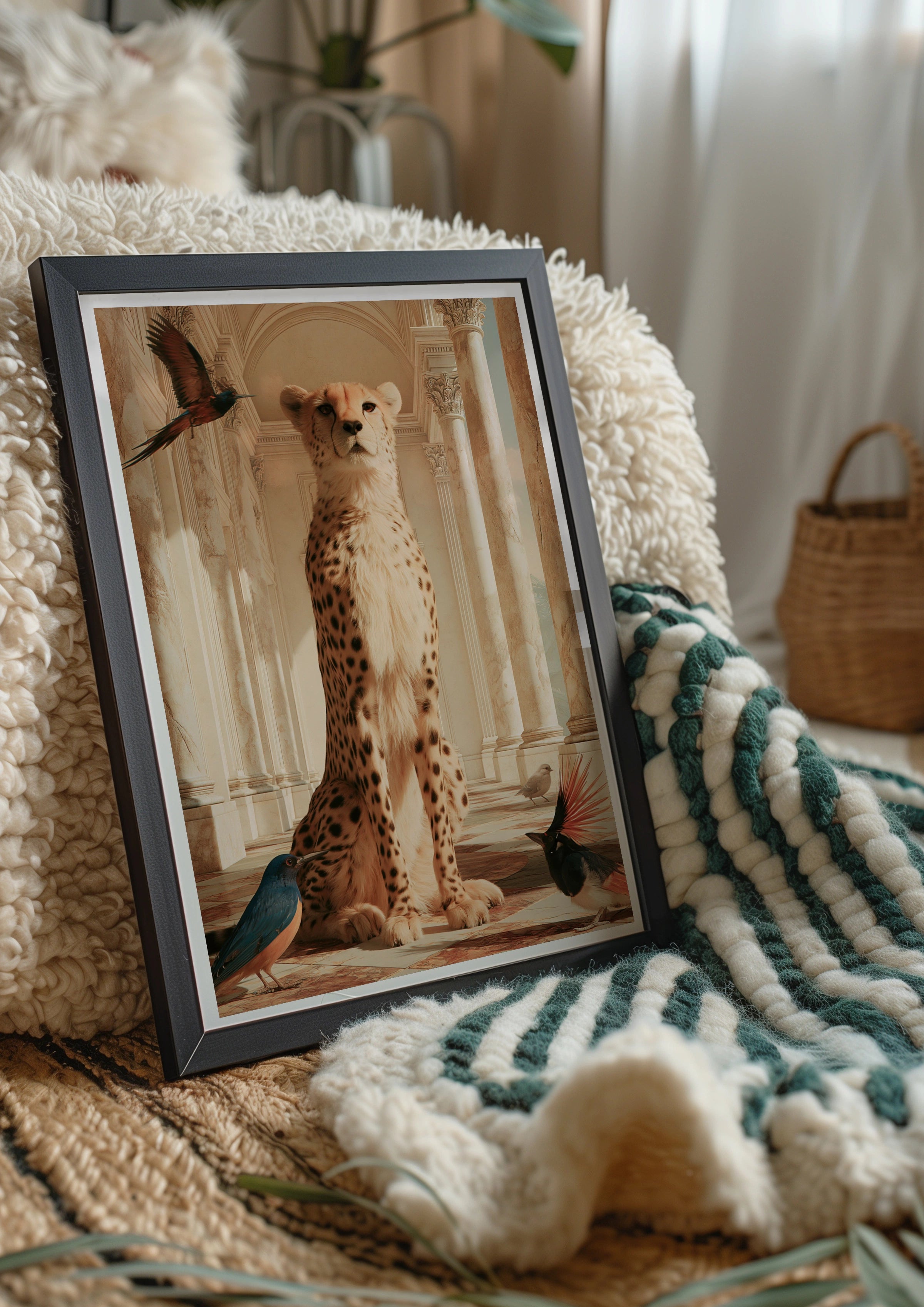 Cheetah & Birds in Marble Hall, Animal Wall Art Poster, Surreal