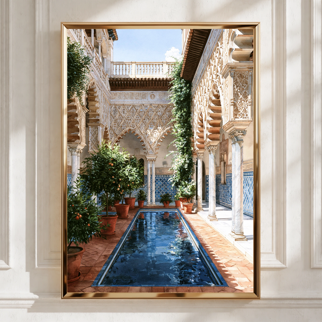 Andalusian Patio Wall Art Poster, Spanish Courtyard, Moorish Architecture Print