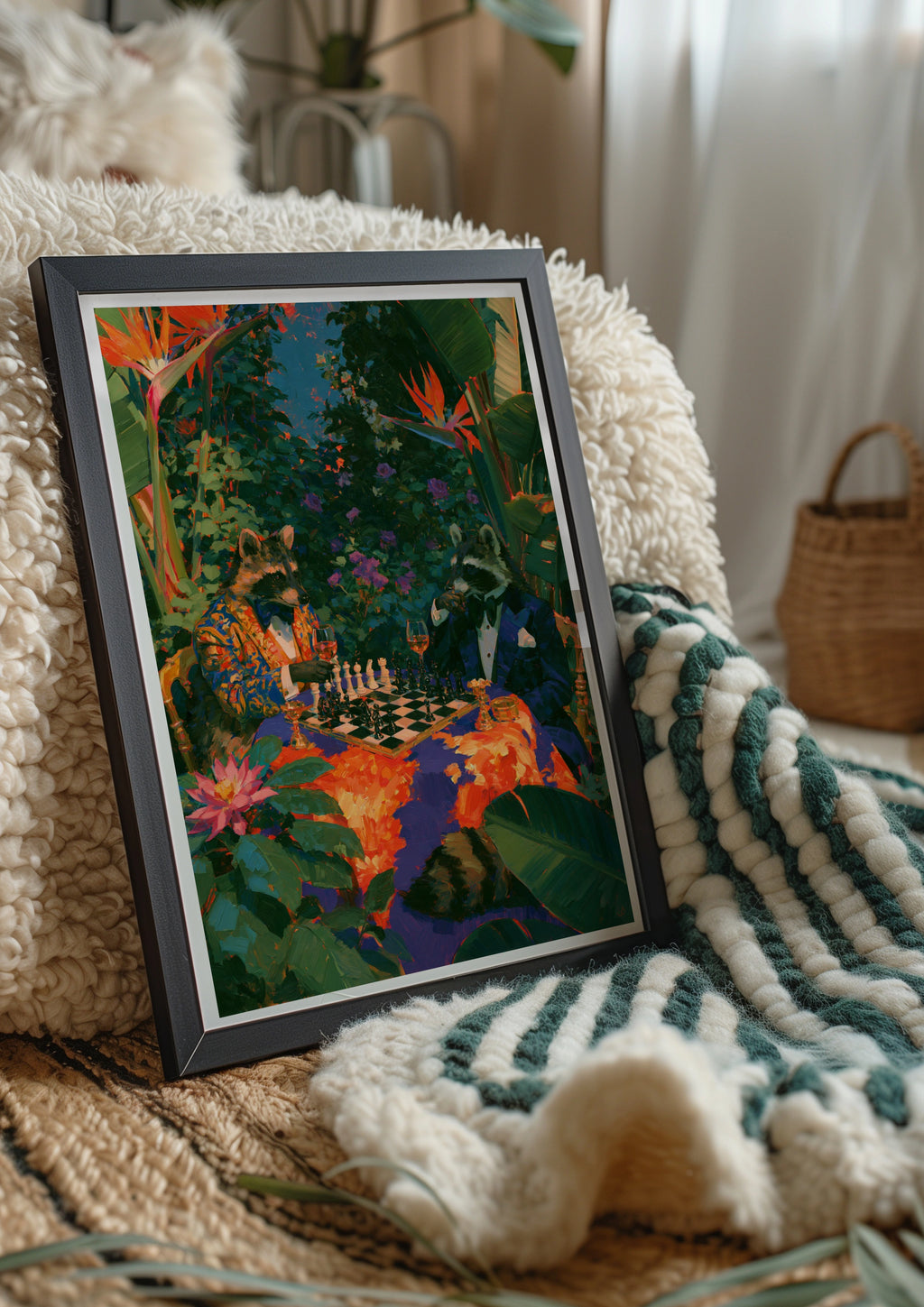 Raccoons Playing Chess, Tropical Garden Wall Art, Maximalist Animal Poster