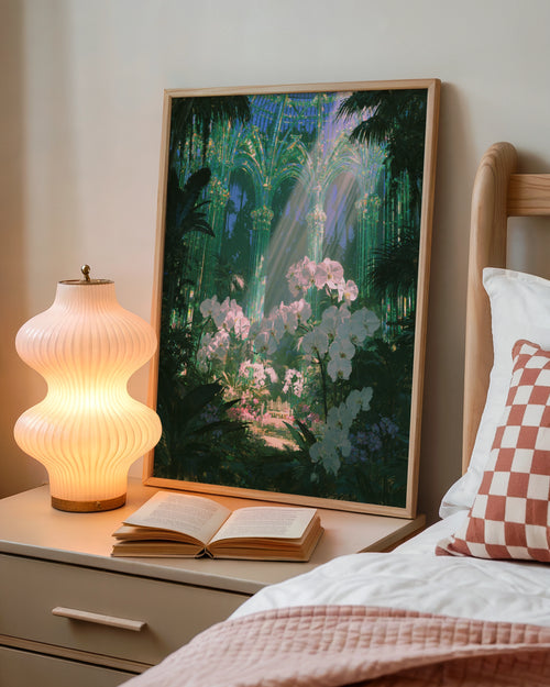 Emerald Glasshouse Orchids Poster, Botanical Fantasy Art Print, Victorian Greenhouse