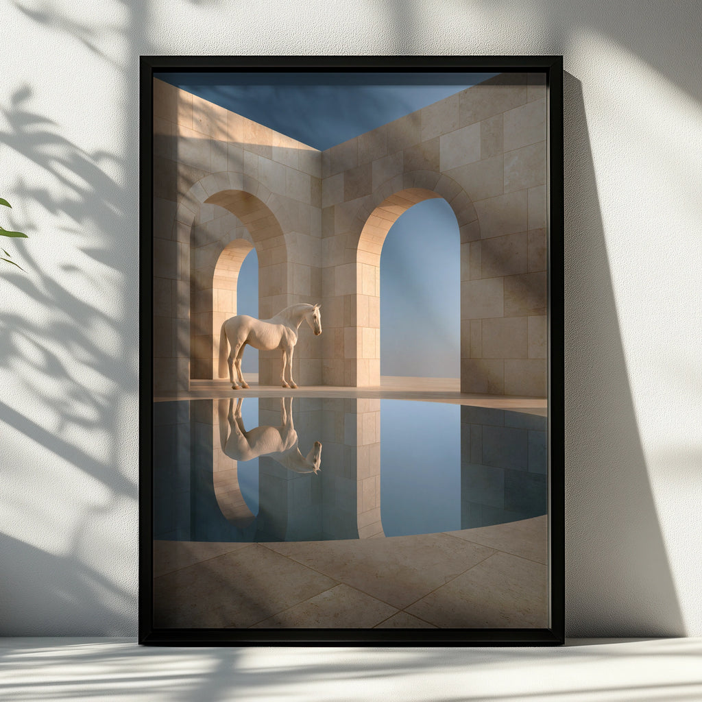 White Horse Reflection Travertine Arch Poster, Minimalist Wall Art Print