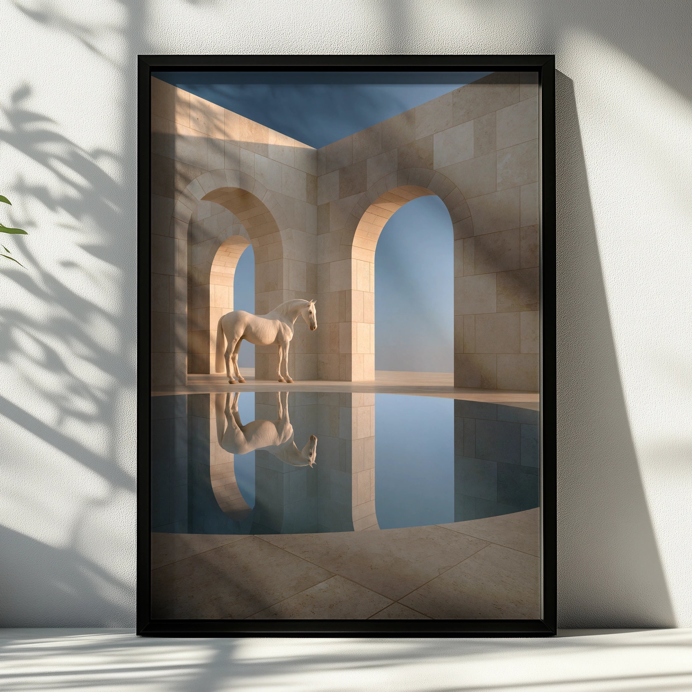 White Horse Reflection Travertine Arch Poster, Minimalist Wall Art Print