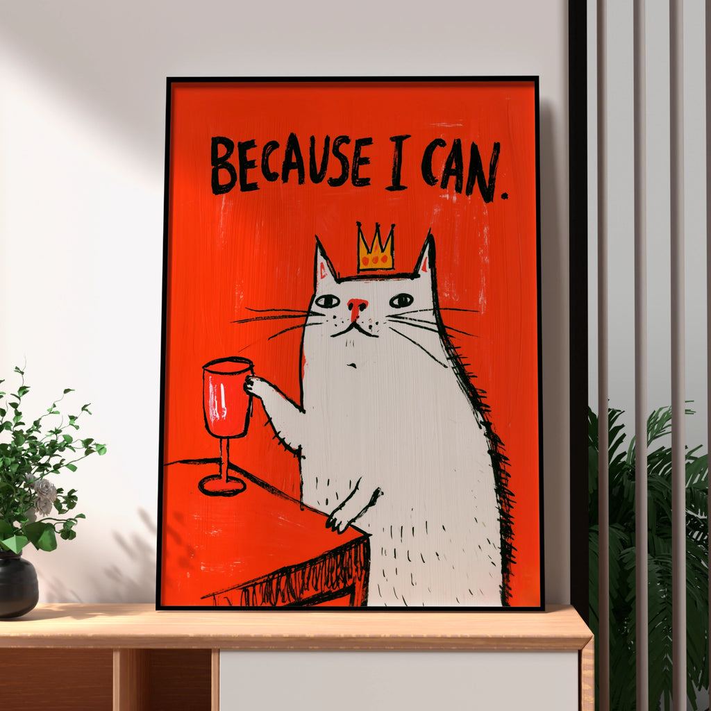 Because I Can Cat Poster, Funny Cat Wall Art, Bold Red Illustration Print