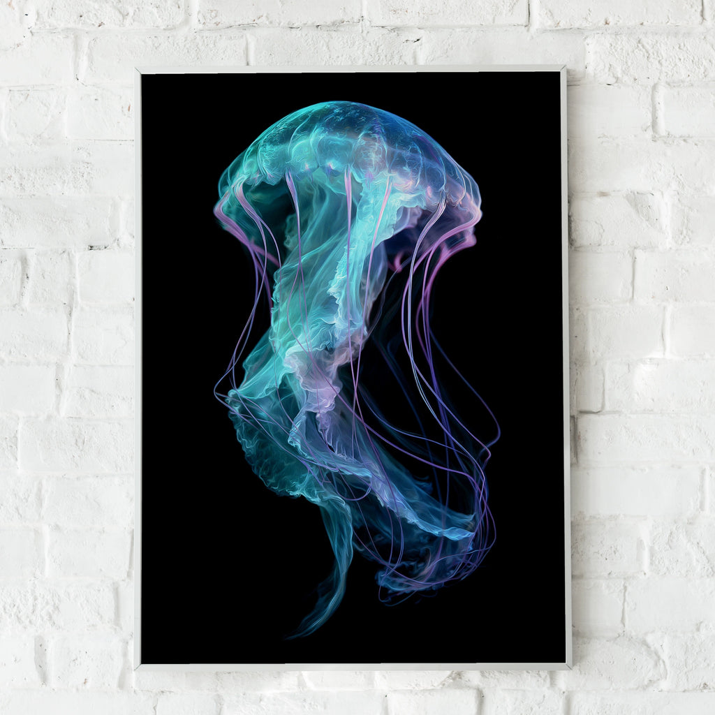 Jellyfish Wall Art Poster, Teal Purple Neon Ocean Print, Dark Minimalist Style