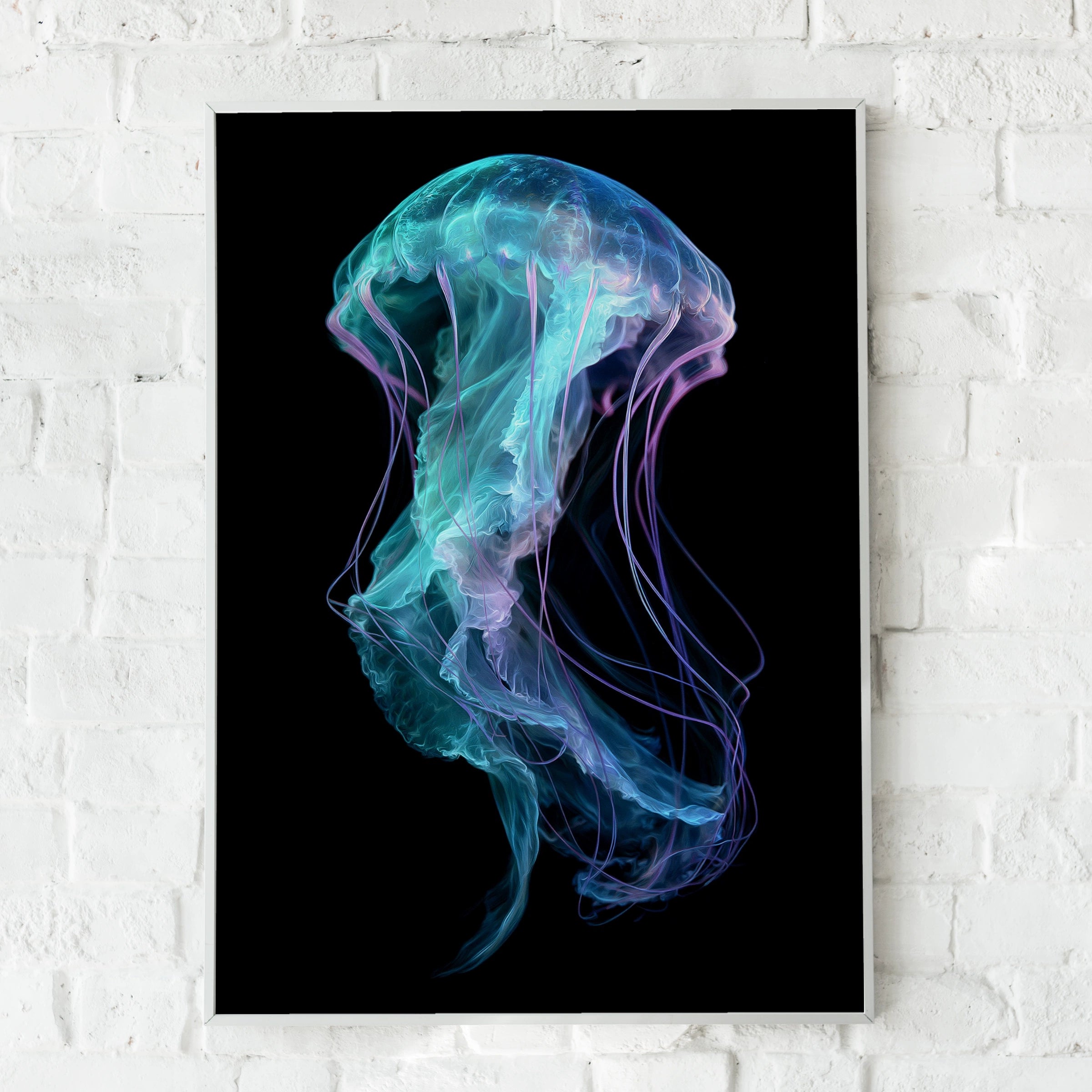 Jellyfish Wall Art Poster, Teal Purple Neon Ocean Print, Dark Minimalist Style