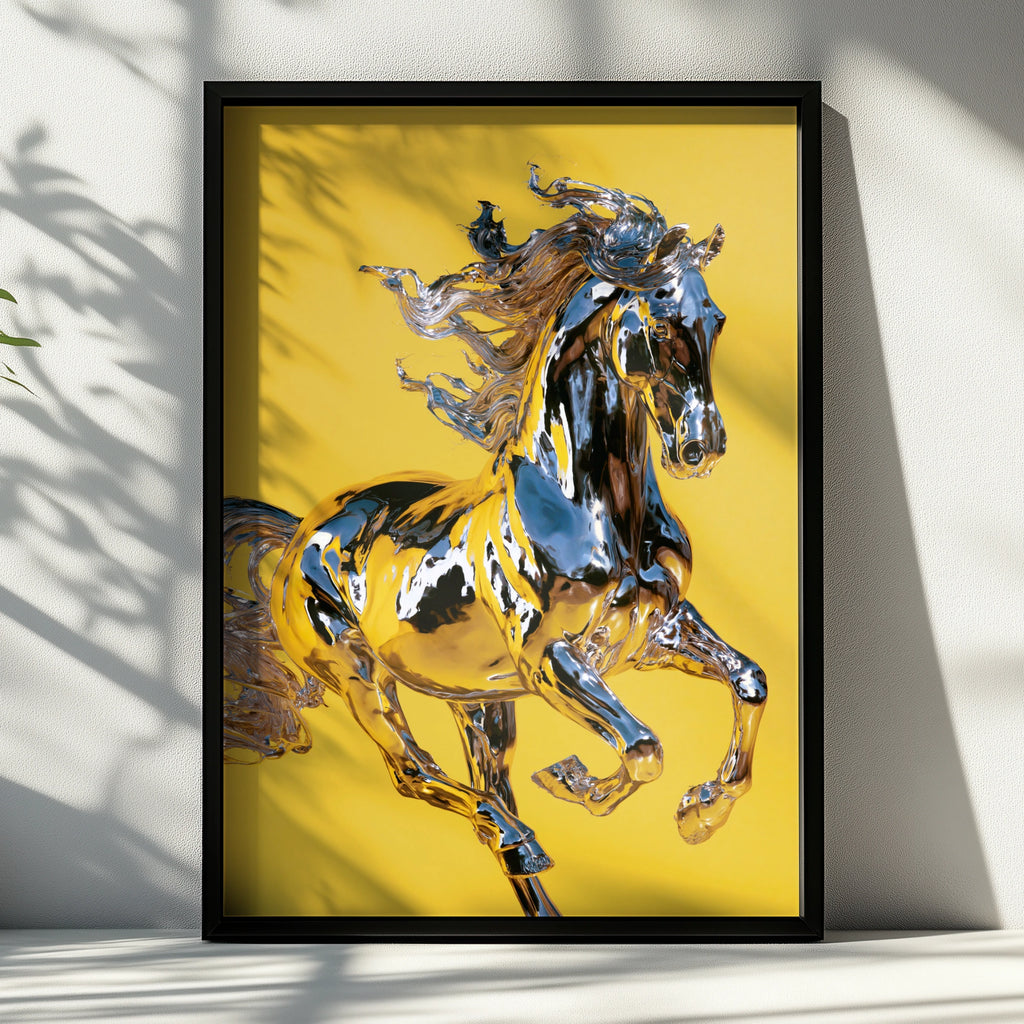 Chrome Horse Poster, Metallic Yellow Wall Art, Bold Modern Print