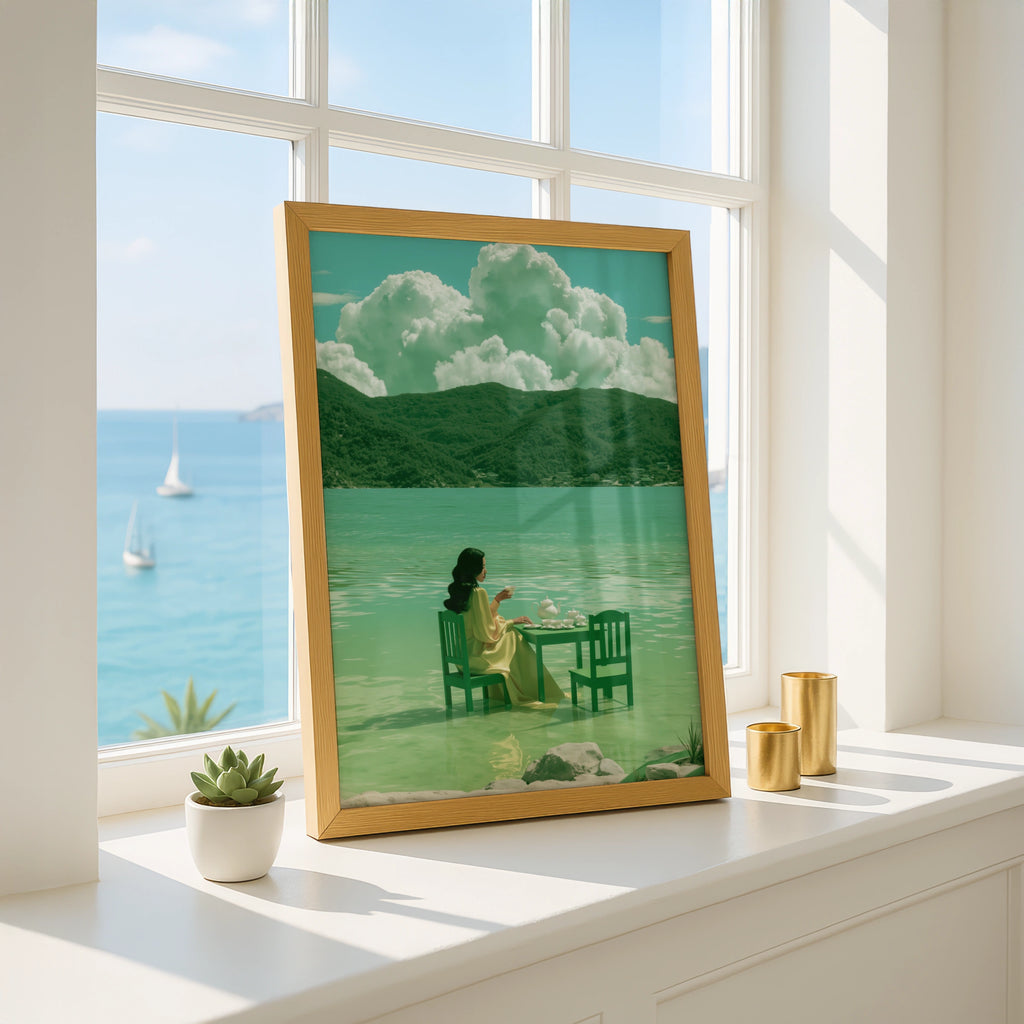 Woman Tea Table Sea Poster, Surreal Green Coastal Wall Art, Dreamy Figurative Print