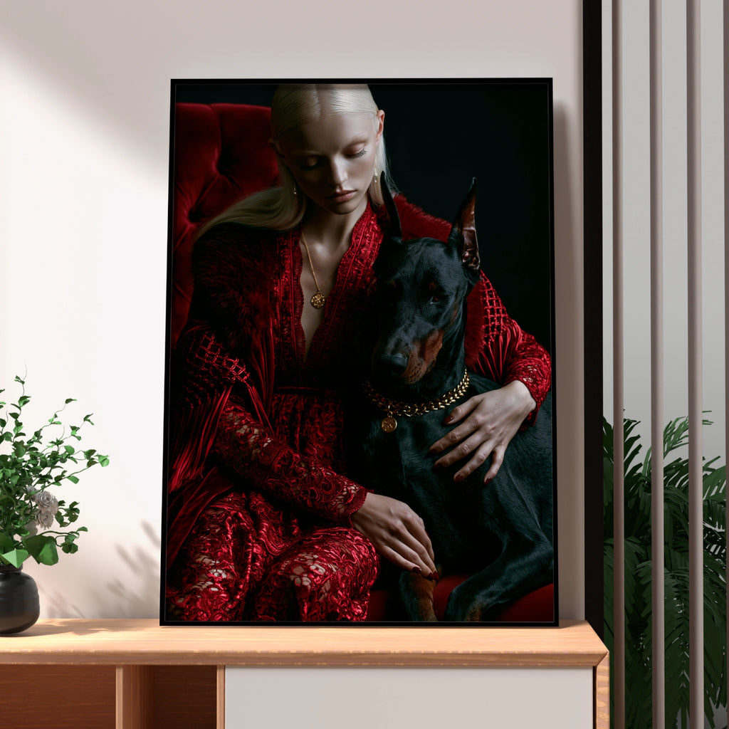 Woman with Dobermann Poster, Red Luxury Fashion Portrait, Dark Dramatic Wall Art