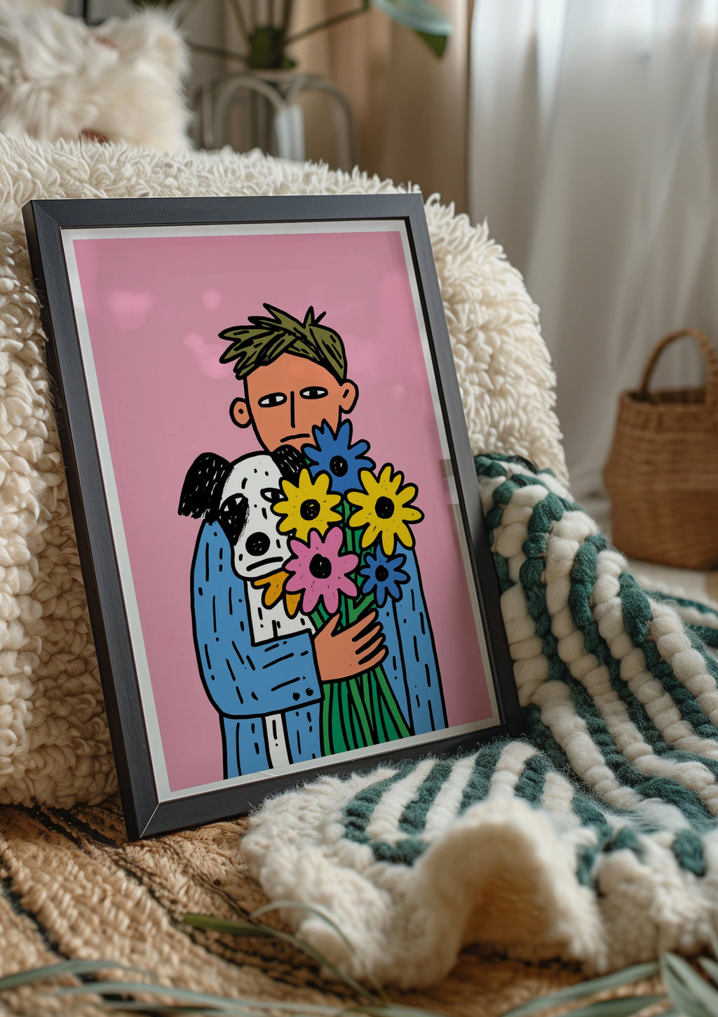 Man Dog Flowers Poster, Bold Illustration, Colourful Pink Wall Art Print