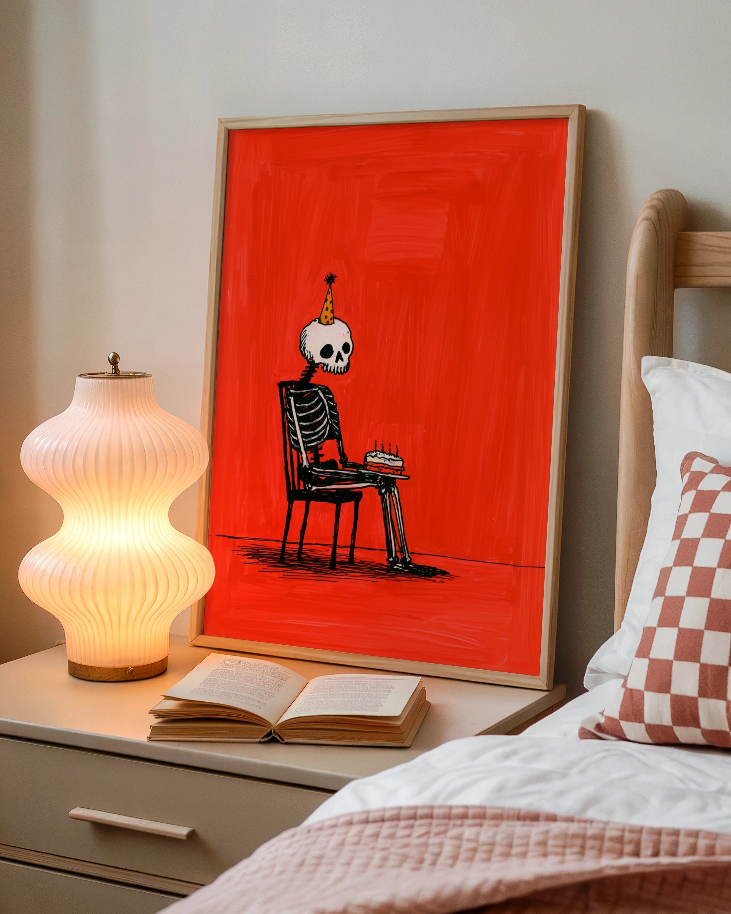 Birthday Skeleton Poster, Party Hat Cake Wall Art, Bold Red Illustration Print