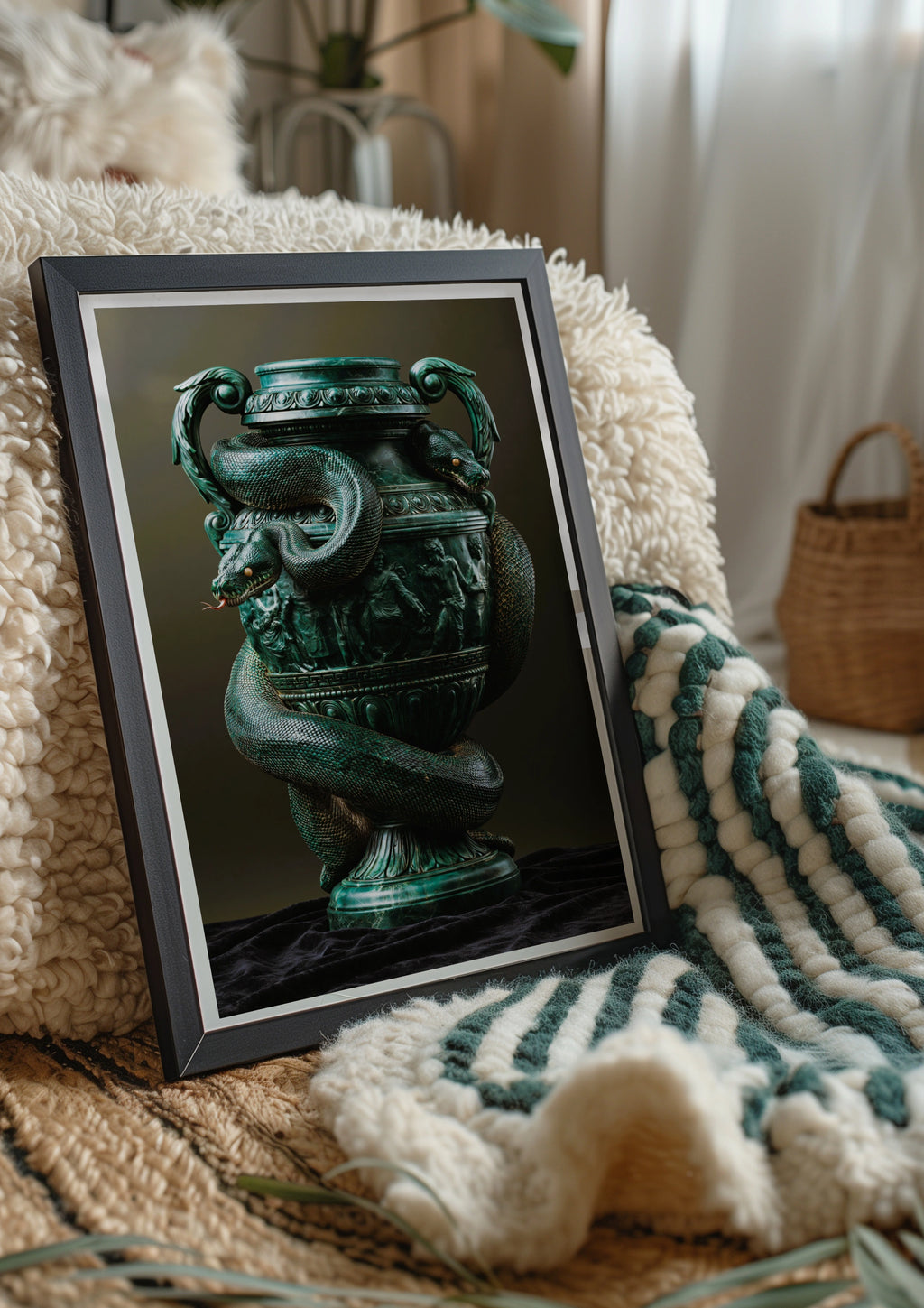 Snake Vase Green Marble Poster, Classical Urn Art Print, Dark Maximalist