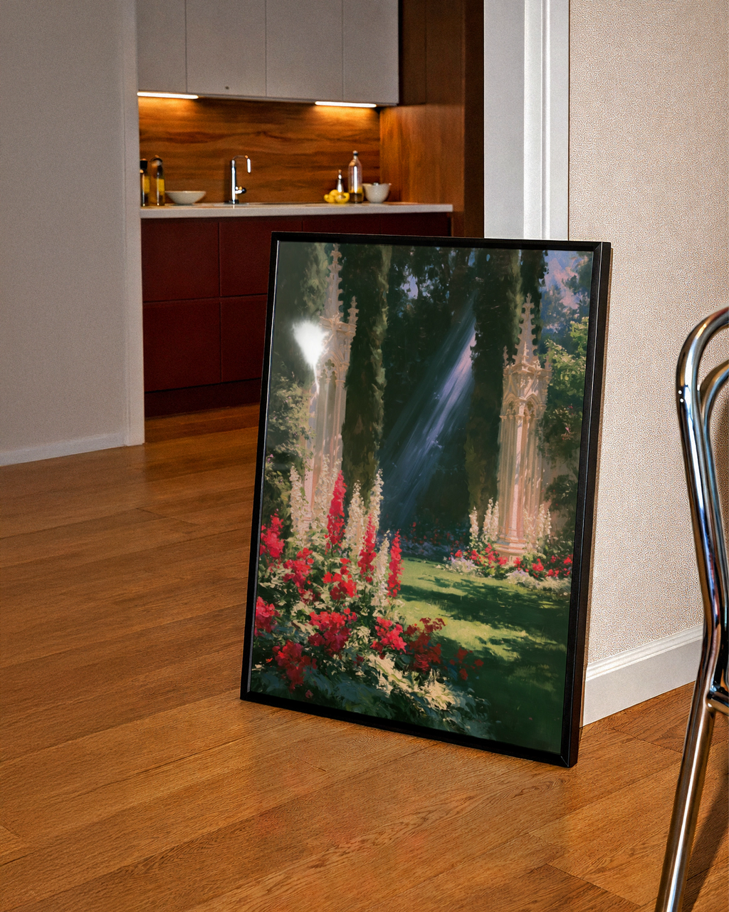 Gothic Garden Wall Art, Cypress Trees Sunlight Poster, Romantic Floral Print