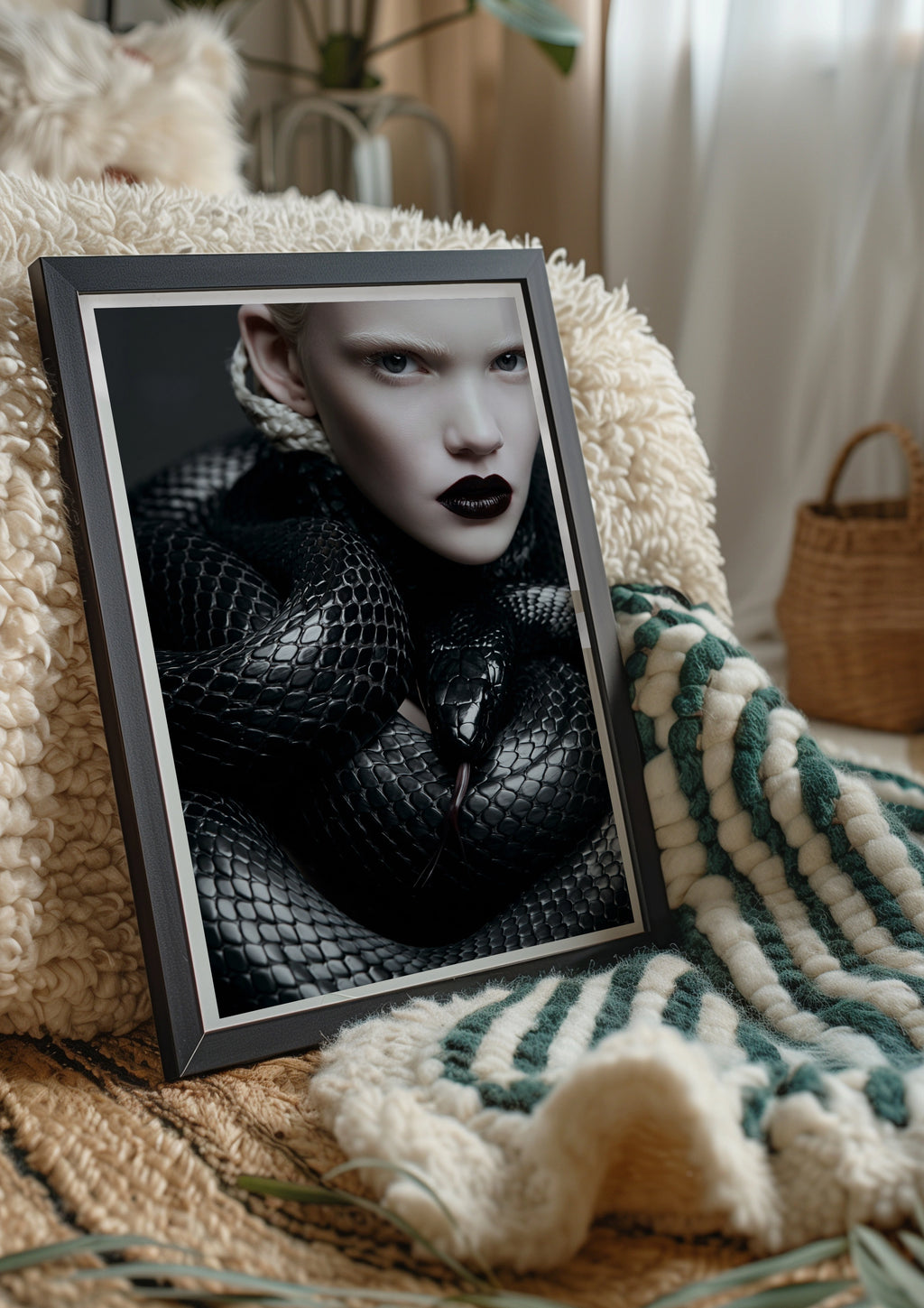 Black Snake Model Portrait Poster, Dark Gothic Fashion Wall Art Print