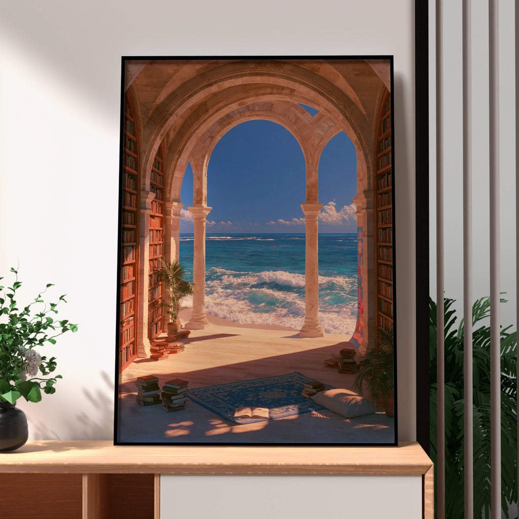 Library Sea View Poster, Stone Arches Bookshelf Ocean Wall Art Print