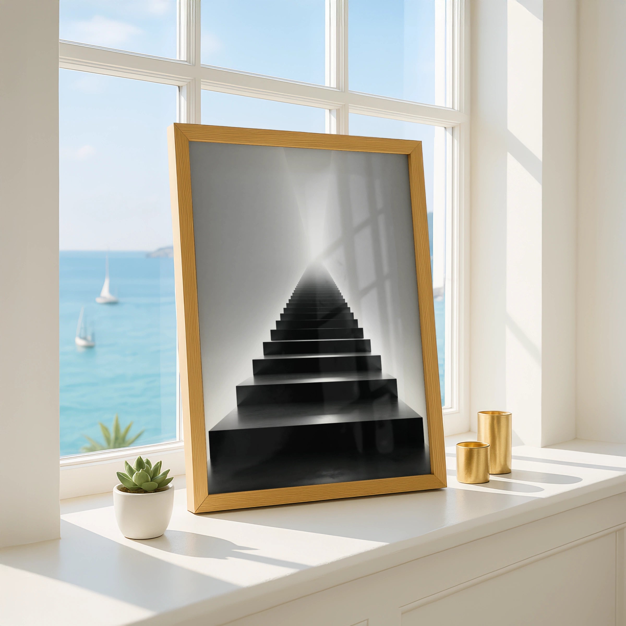 Black Stairway to Light Poster, Minimalist Architecture Print, Monochrome Wall Art