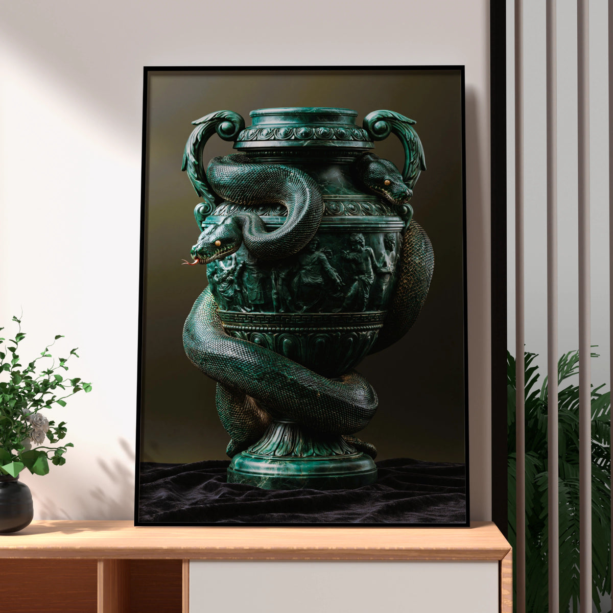 Snake Vase Green Marble Poster, Classical Urn Art Print, Dark Maximalist