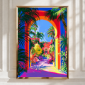 Courtyard Flowers Palms Poster, Tropical Arch Garden Print, Vibrant Colourful Wall Art