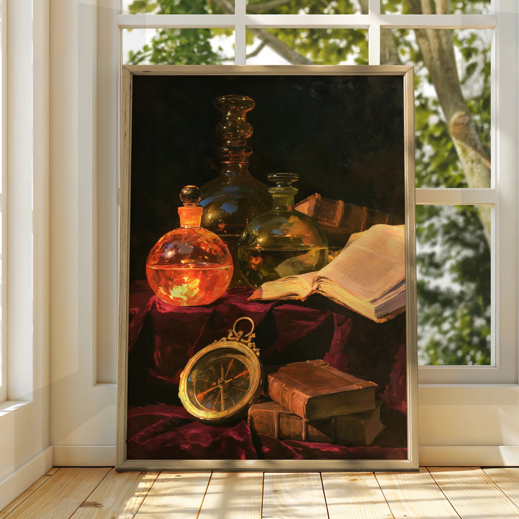 Glass Bottles Books Compass Still Life Poster, Old Masters Oil Painting Style