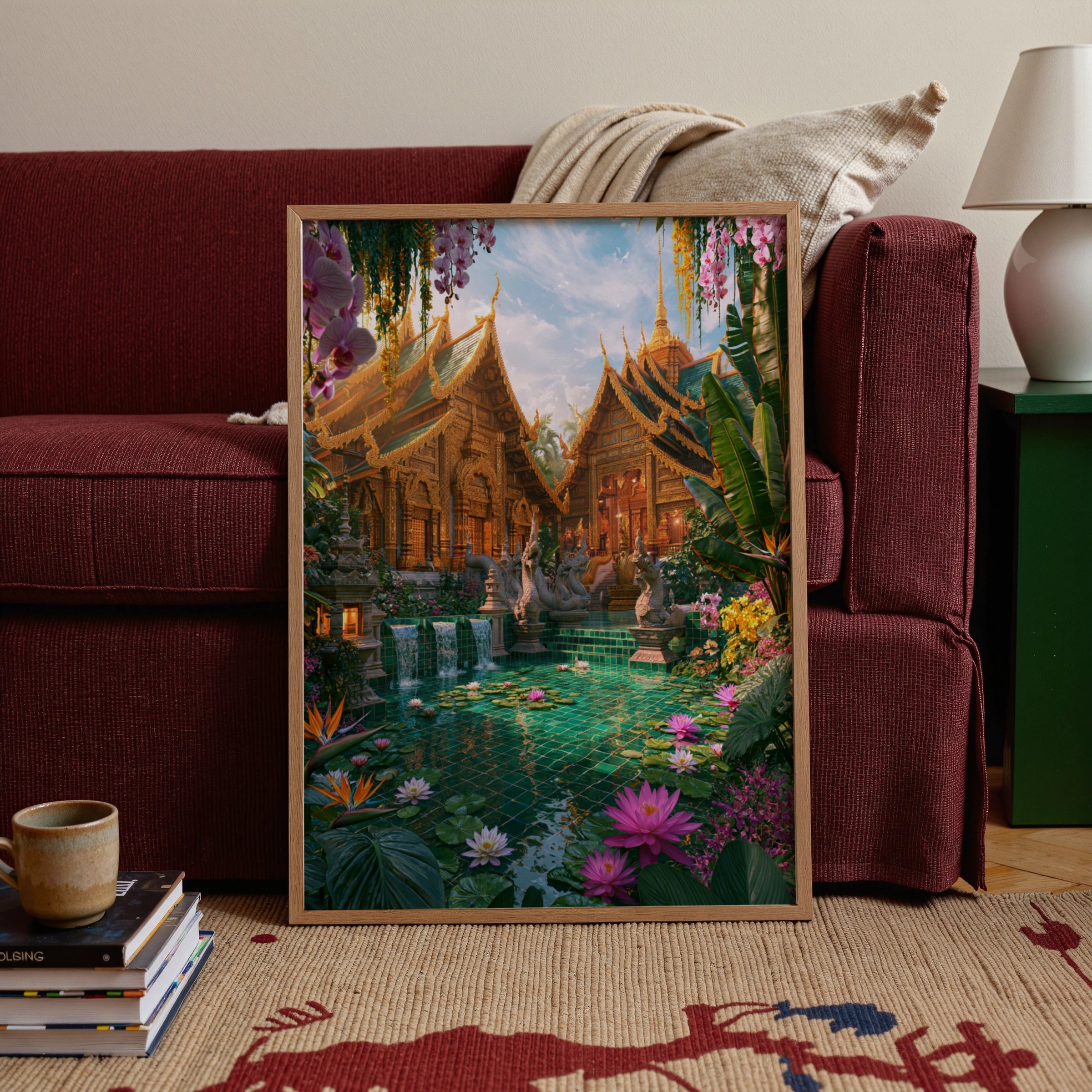 Thai Royal Temple Courtyard Poster, Lotus Garden, Tropical Wall Art Print