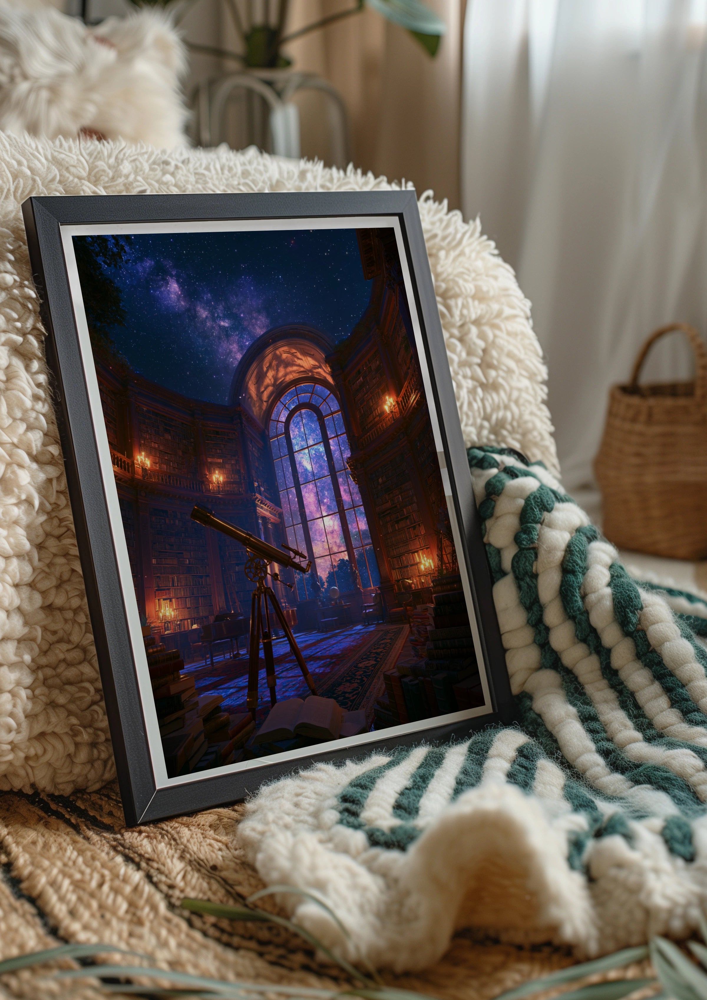 Cosmic Observatory Library Poster, Telescope Night Sky, Fantasy Astronomy Wall Art