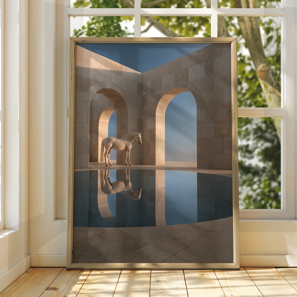 White Horse Reflection Travertine Arch Poster, Minimalist Wall Art Print