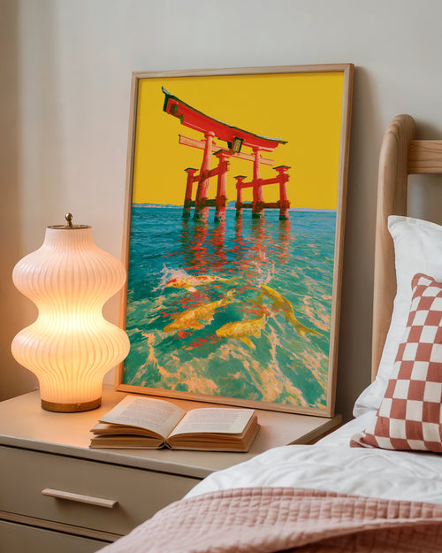 Japanese Torii Gate Koi Fish Poster, Red Gate Yellow Water Art Print