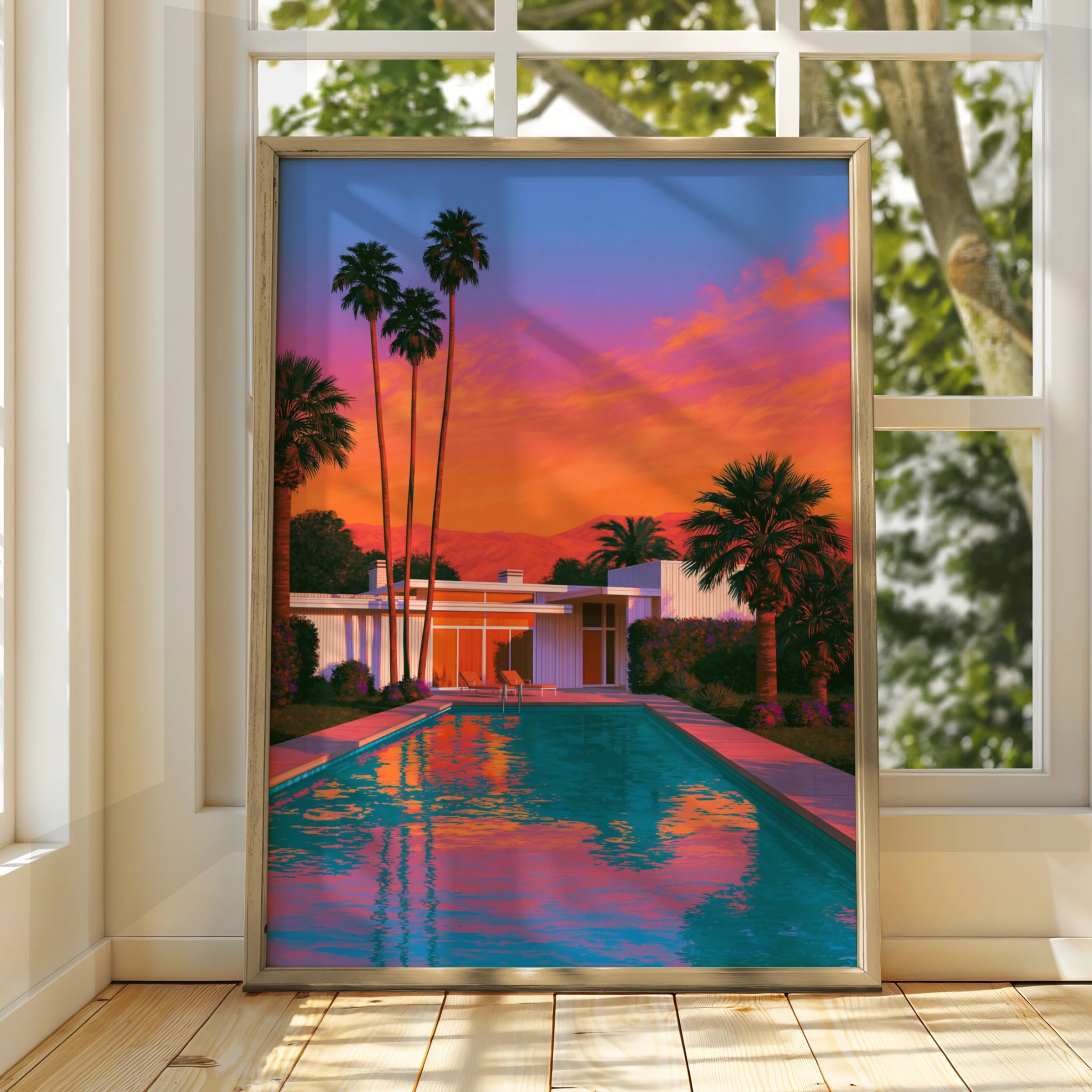 Desert Palm Springs Villa Pool Sunset Poster, Mid-Century Modern Art Print