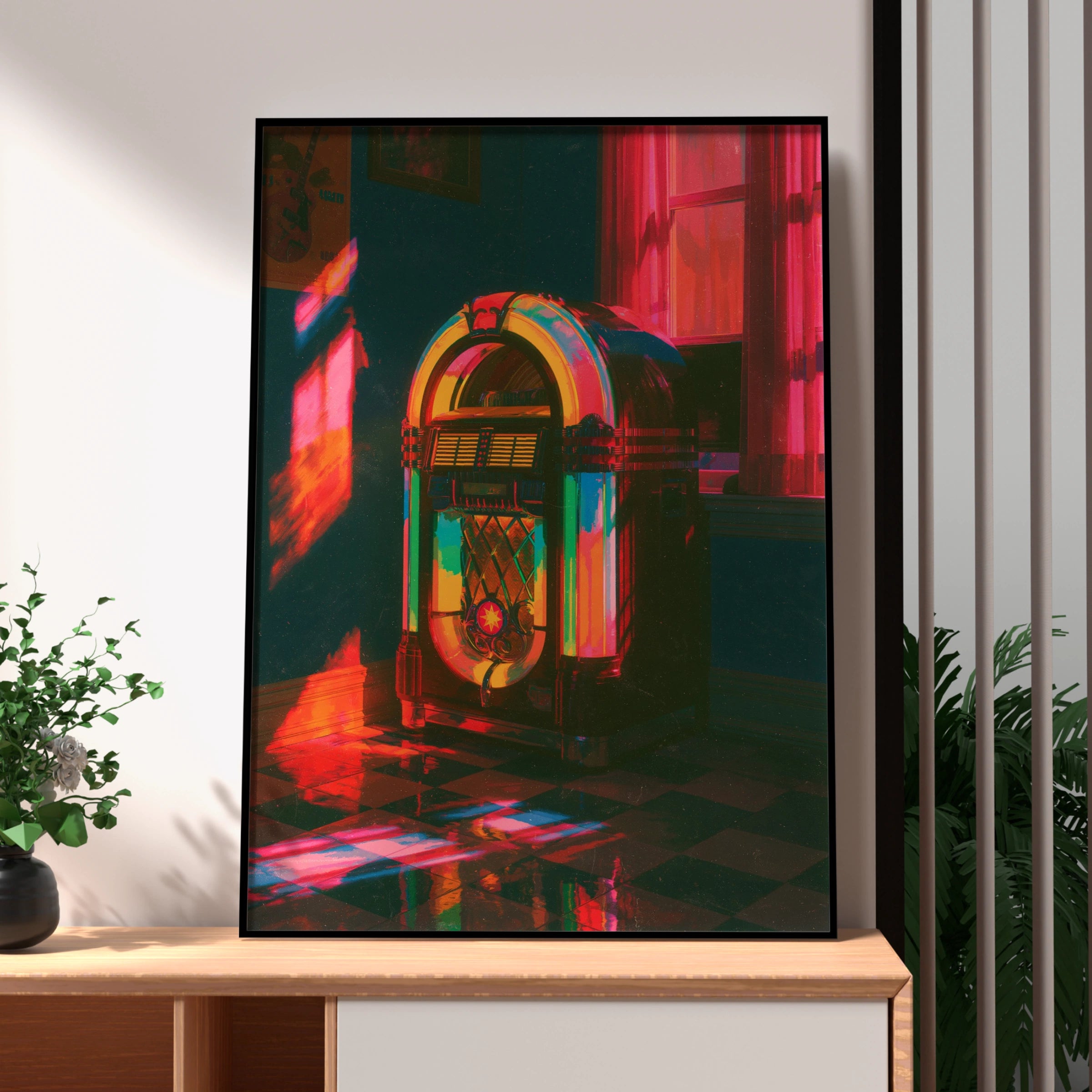 Retro Jukebox Poster, Vintage Music Art Print, Neon Diner Wall Decor