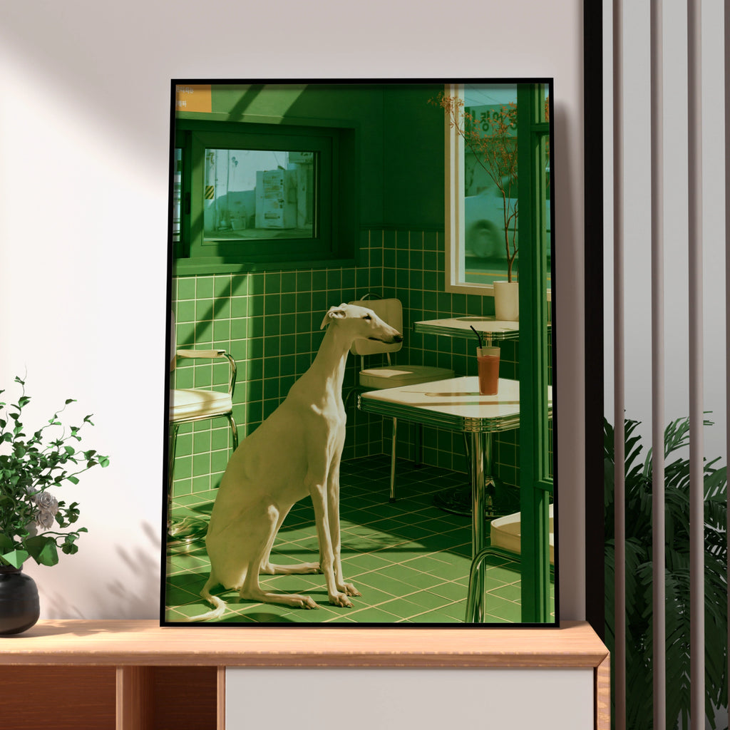 White Greyhound in Green Diner Poster, Surreal Dog Art Print