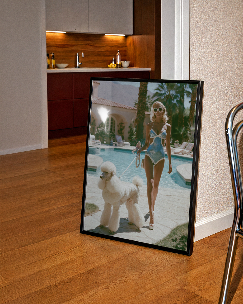 Woman with Poodle Poolside Poster, Retro Bikini Wall Art, Glamour Print