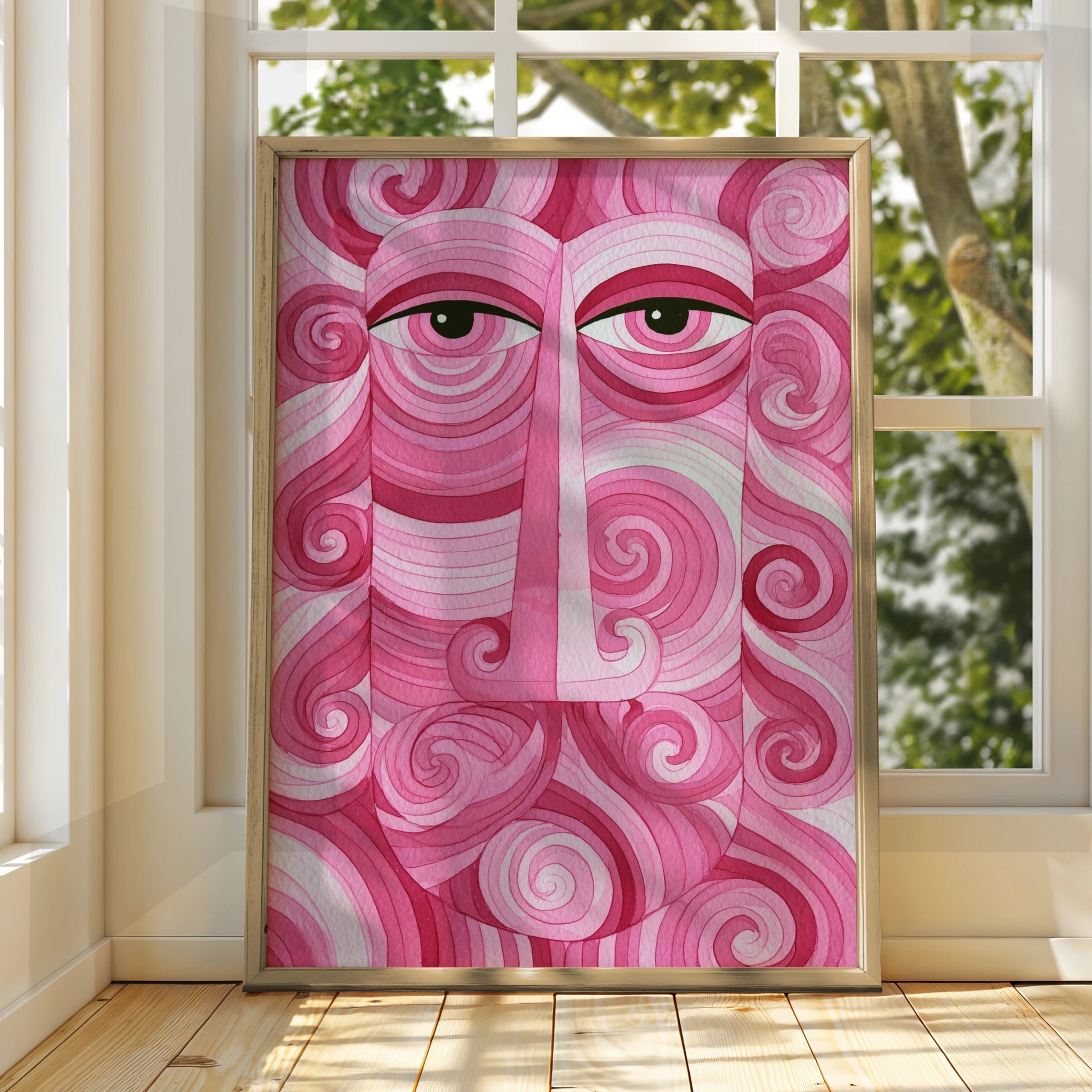 Pink Abstract Face Poster, Swirl Portrait Wall Art, Psychedelic Print