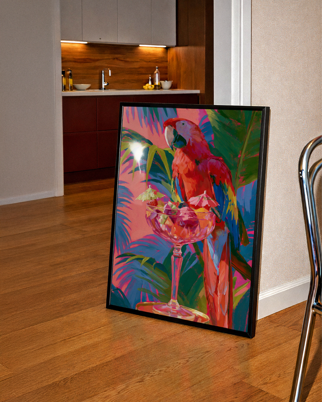 Tropical Parrot Cocktail Wall Art Poster, Colourful Macaw Print
